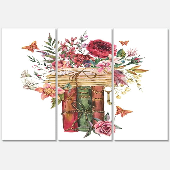 Designart ' Wildflowers With Vintage Old Books ' Farmhouse Canvas Wall Art Print