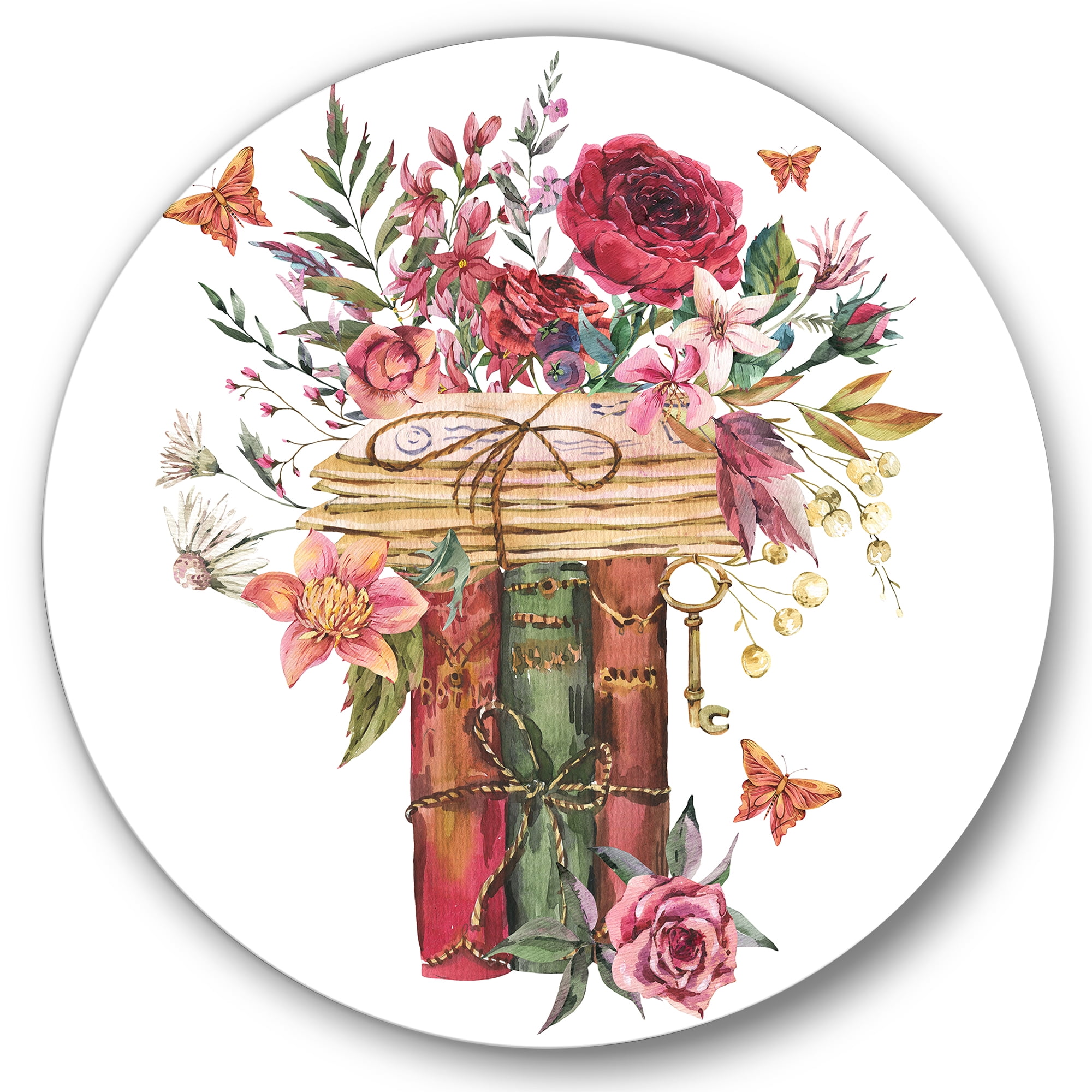 Designart 'Wildflowers With Vintage Old Books' Farmhouse Circle Metal Wall Art 36x36 - Disc of 36