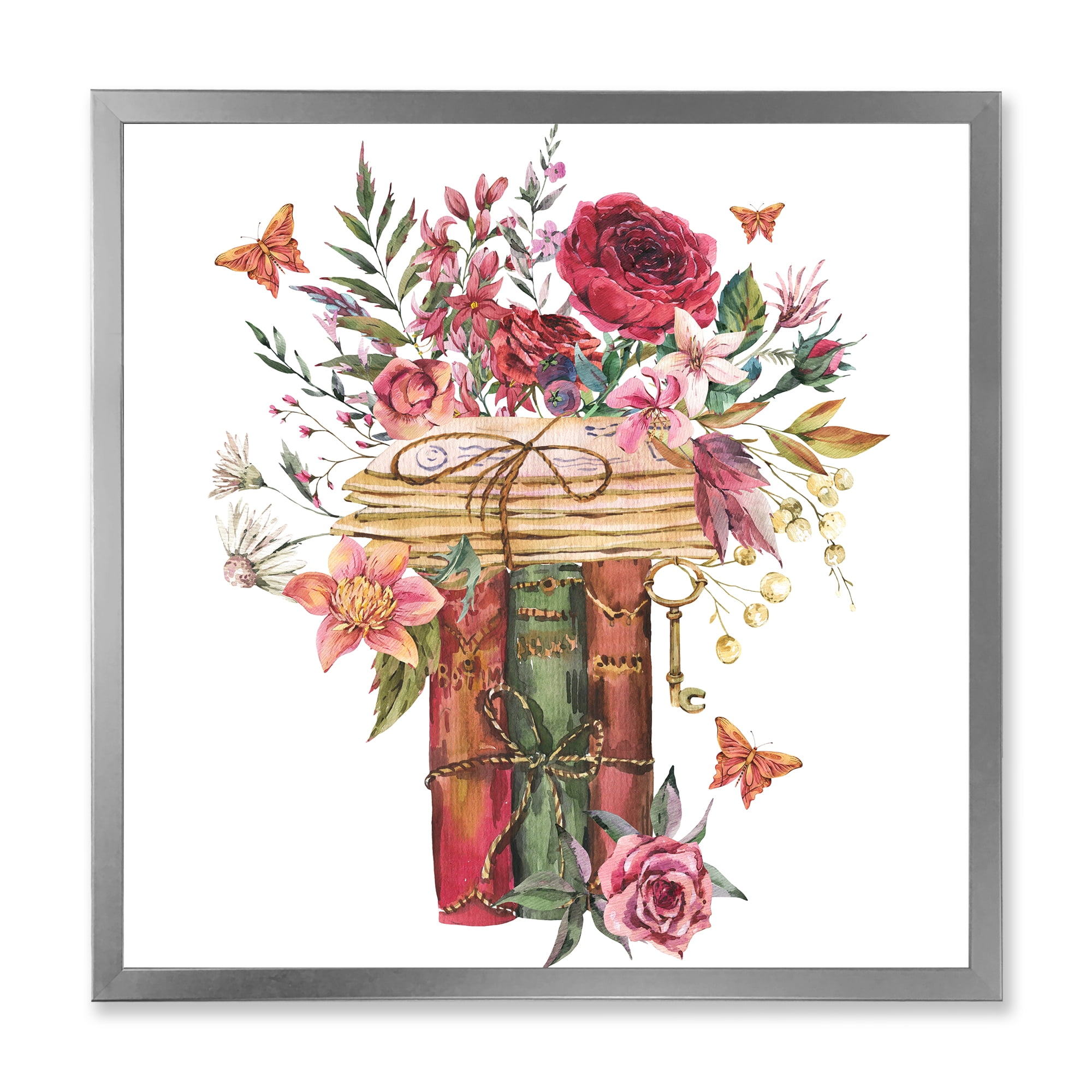 Designart 'Wildflowers With Vintage Old Books' Farmhouse Framed Art Print