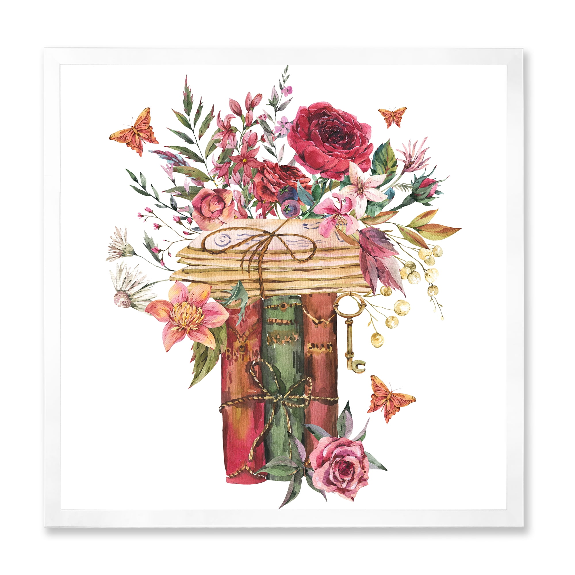 Designart 'Wildflowers With Vintage Old Books' Farmhouse Framed Art Print