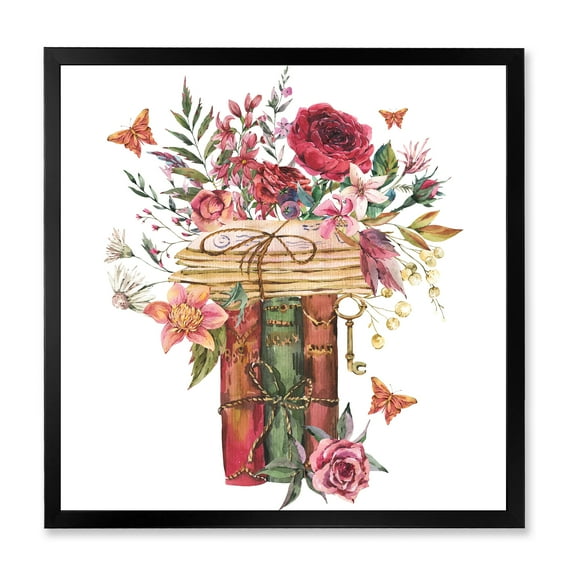 Designart 'Wildflowers With Vintage Old Books' Farmhouse Framed Art Print