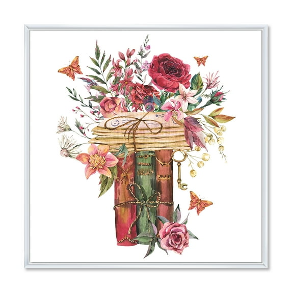 Designart 'Wildflowers With Vintage Old Books' Farmhouse Framed Canvas Wall Art Print