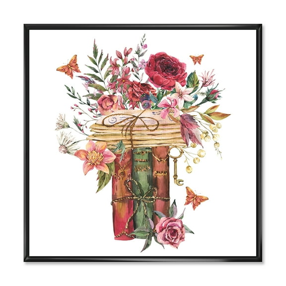 Designart 'Wildflowers With Vintage Old Books' Farmhouse Framed Canvas Wall Art Print