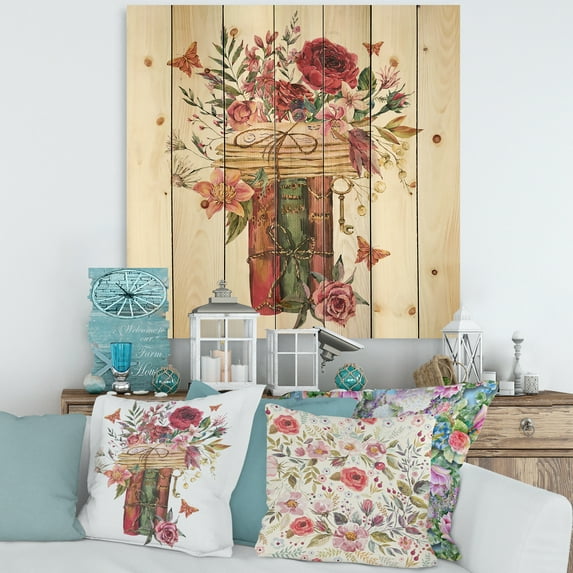 Designart 'Wildflowers With Vintage Old Books' Farmhouse Print on Natural Pine Wood