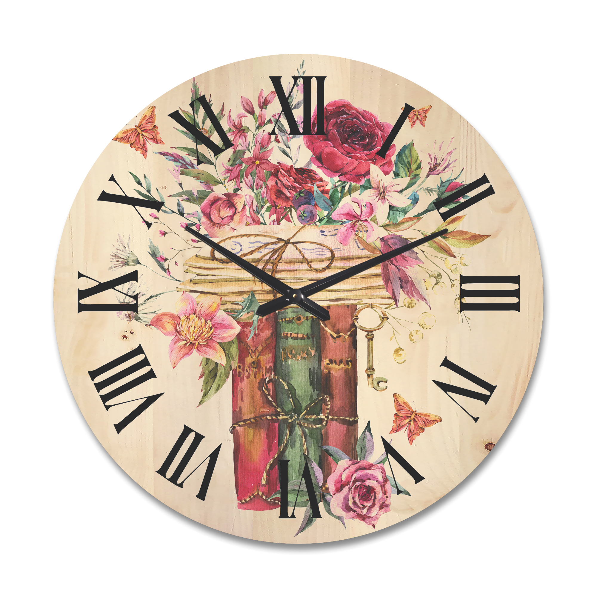 Designart 'Wildflowers With Vintage Old Books' Farmhouse Wood Wall Clock