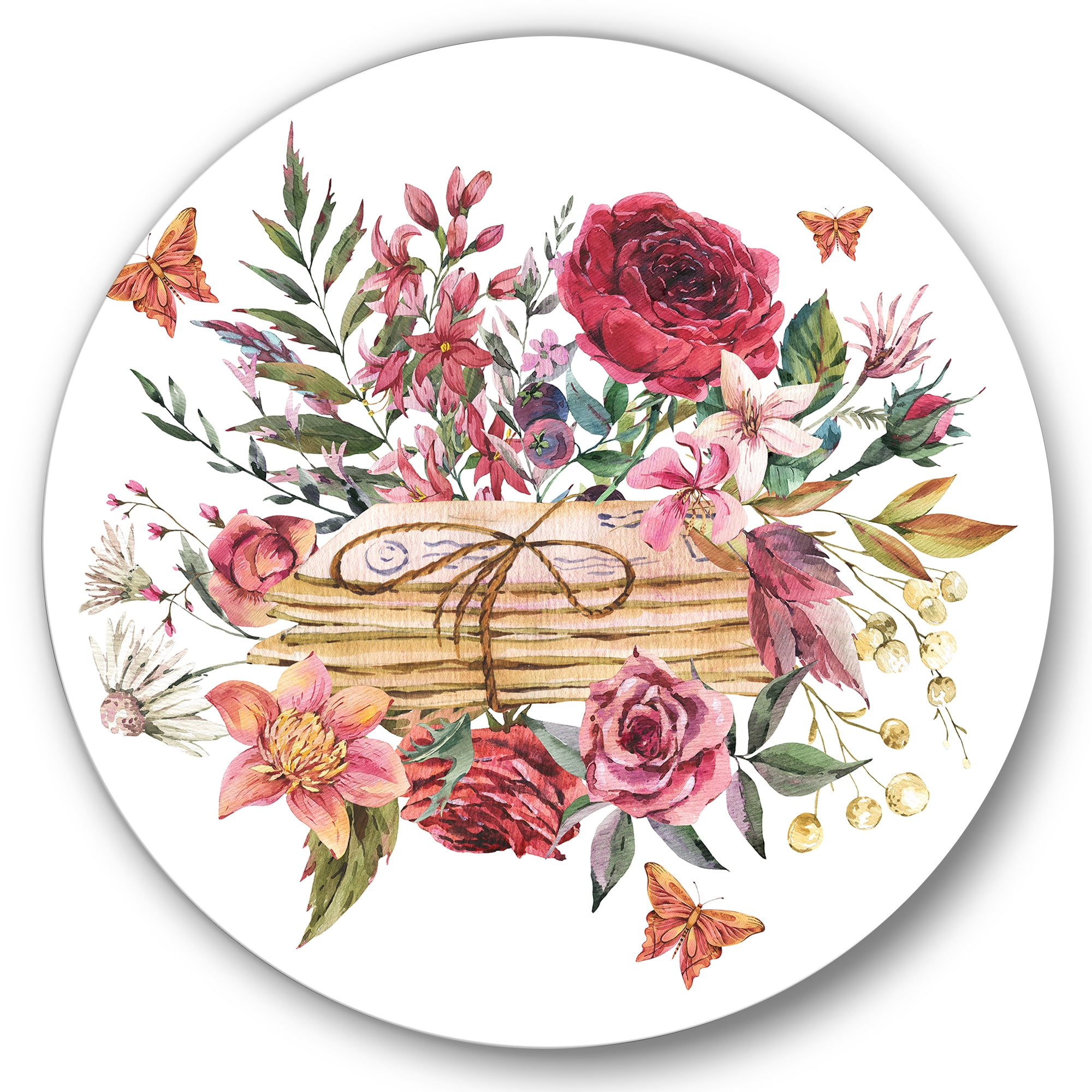Designart 'Wildflowers With Vintage Old Letters' Farmhouse Circle Metal Wall Art 11x11 - Disc of 11
