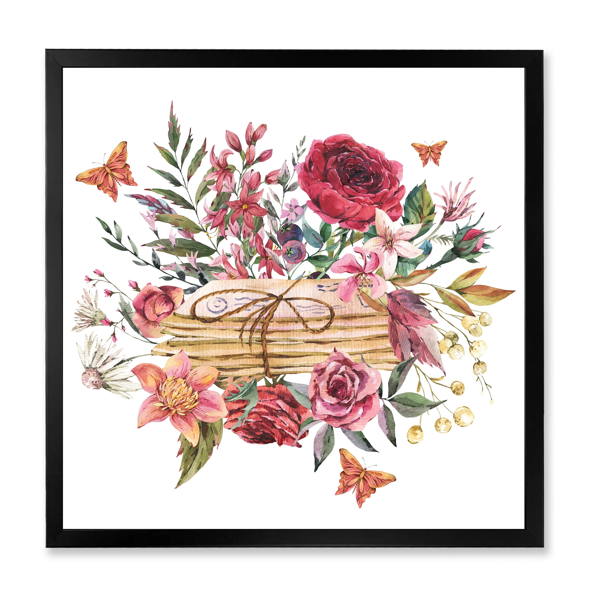 Designart 'Wildflowers With Vintage Old Letters' Farmhouse Framed Art Print