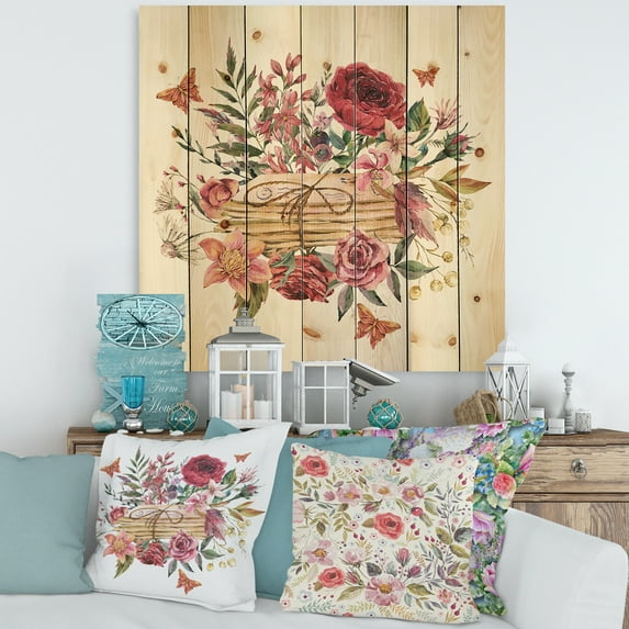 Designart 'Wildflowers With Vintage Old Letters' Farmhouse Print on Natural Pine Wood