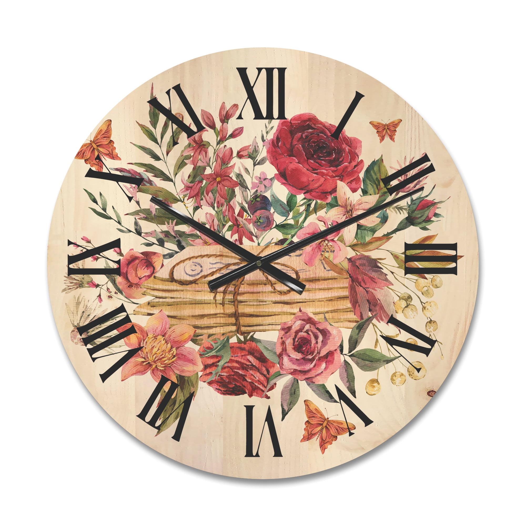 Designart 'Wildflowers With Vintage Old Letters' Farmhouse Wood Wall Clock