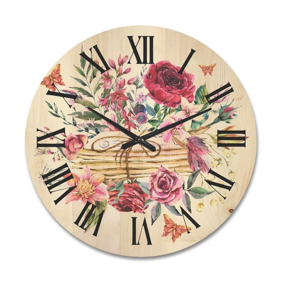 Designart 'Wildflowers With Vintage Old Letters' Farmhouse Wood Wall Clock