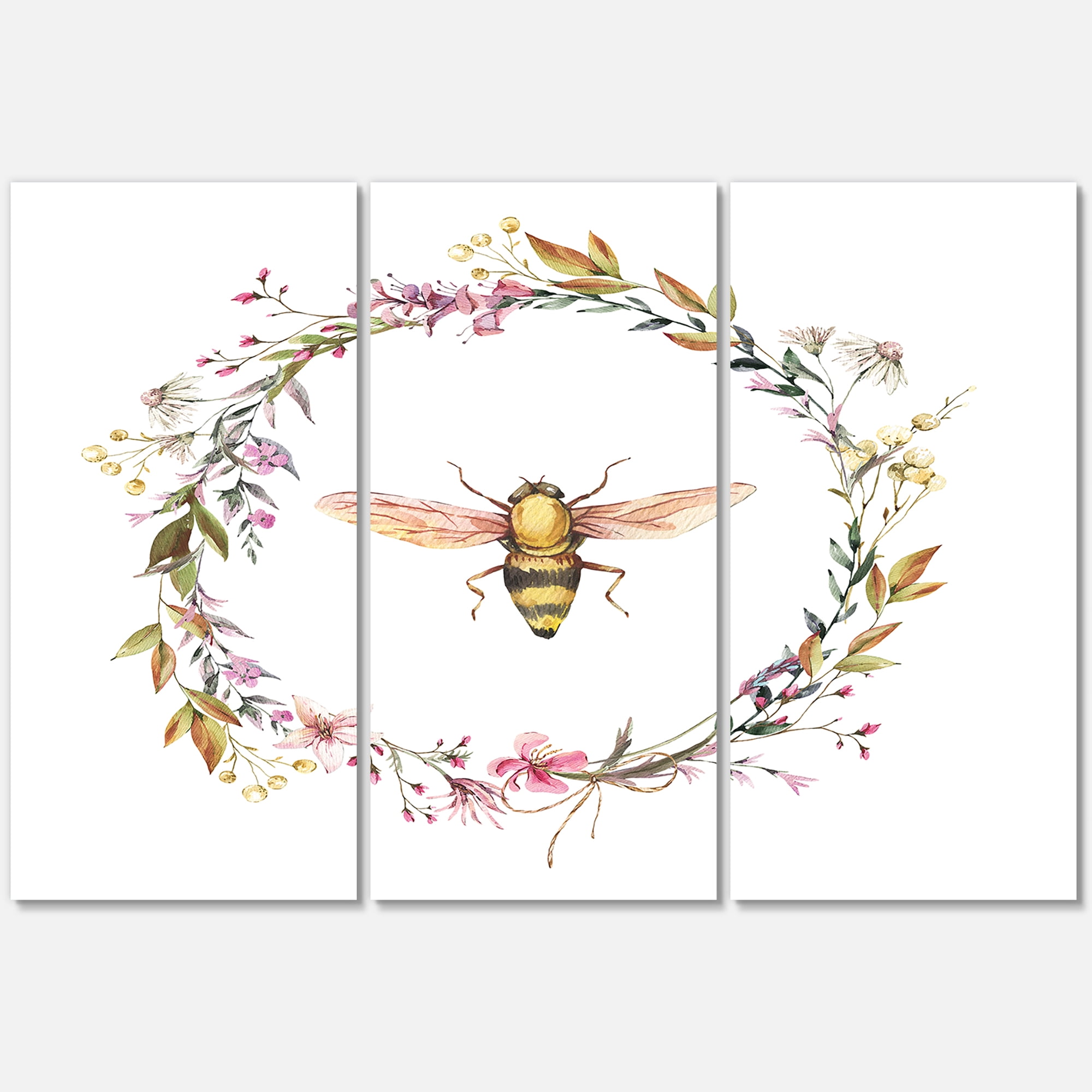 Designart ' Wildflowers Wreath and A Bee ' Farmhouse Canvas Wall Art Print