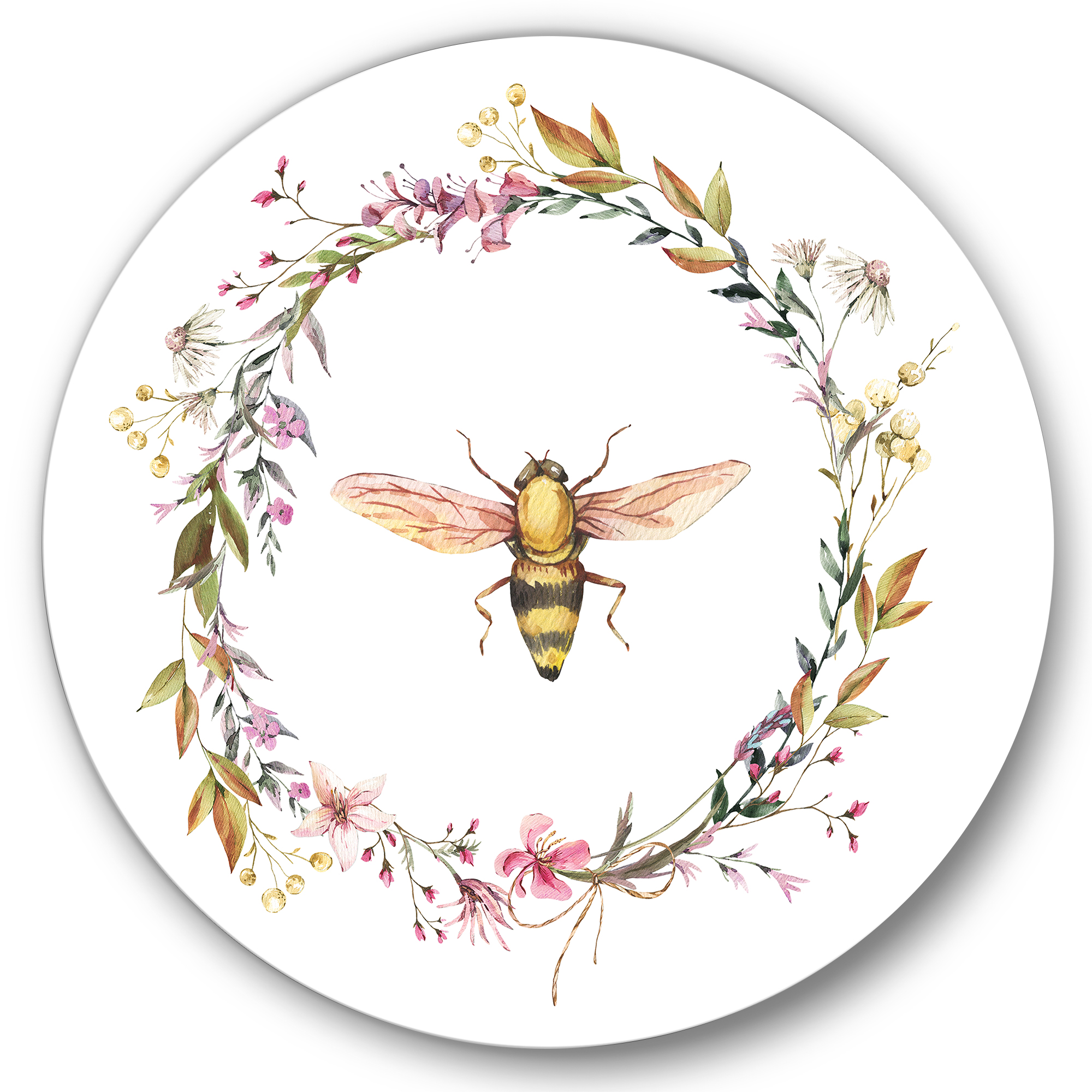 Designart 'Wildflowers Wreath and A Bee' Farmhouse Circle Metal Wall Art 11x11 - Disc of 11