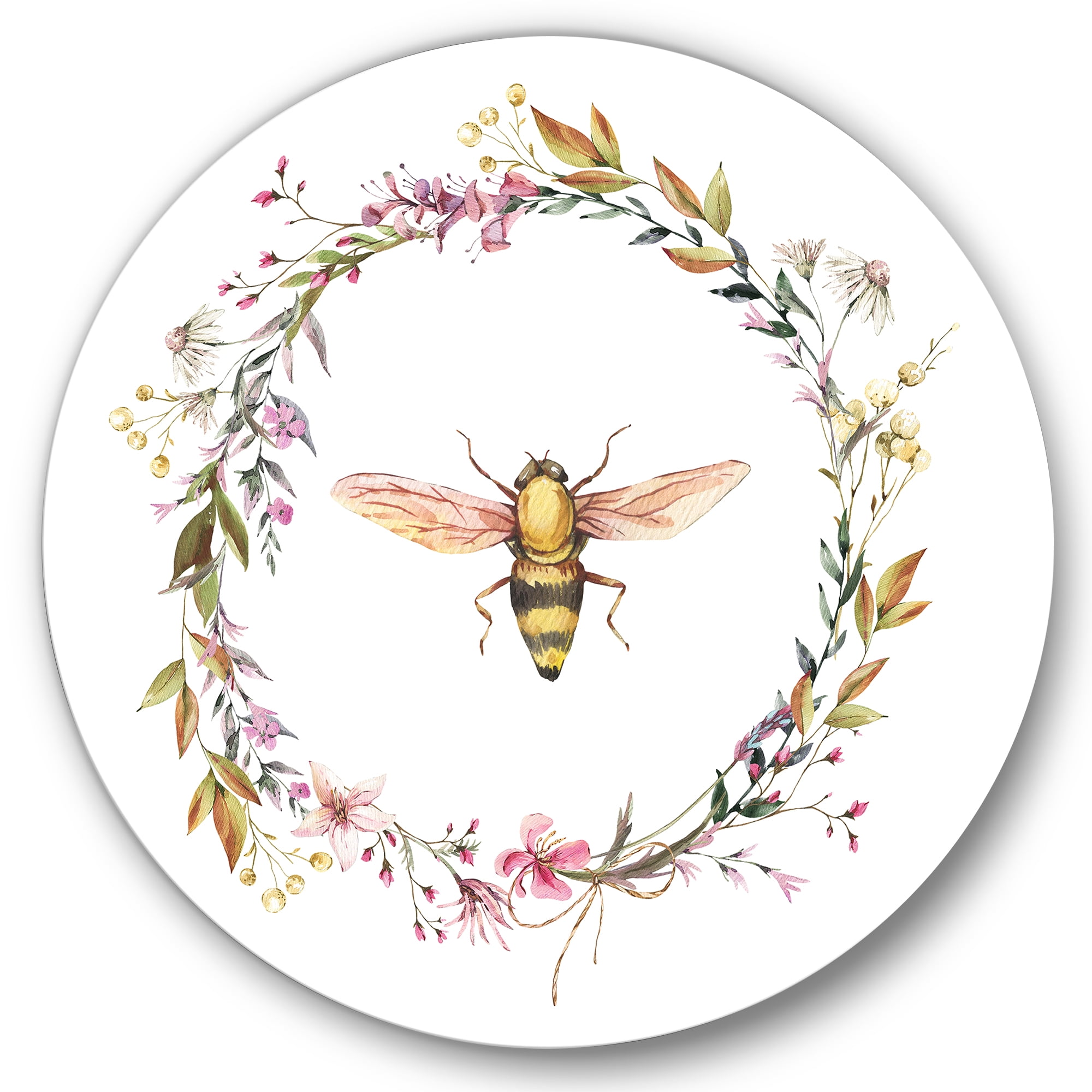 Designart 'Wildflowers Wreath and A Bee' Farmhouse Circle Metal Wall Art 36x36 - Disc of 36