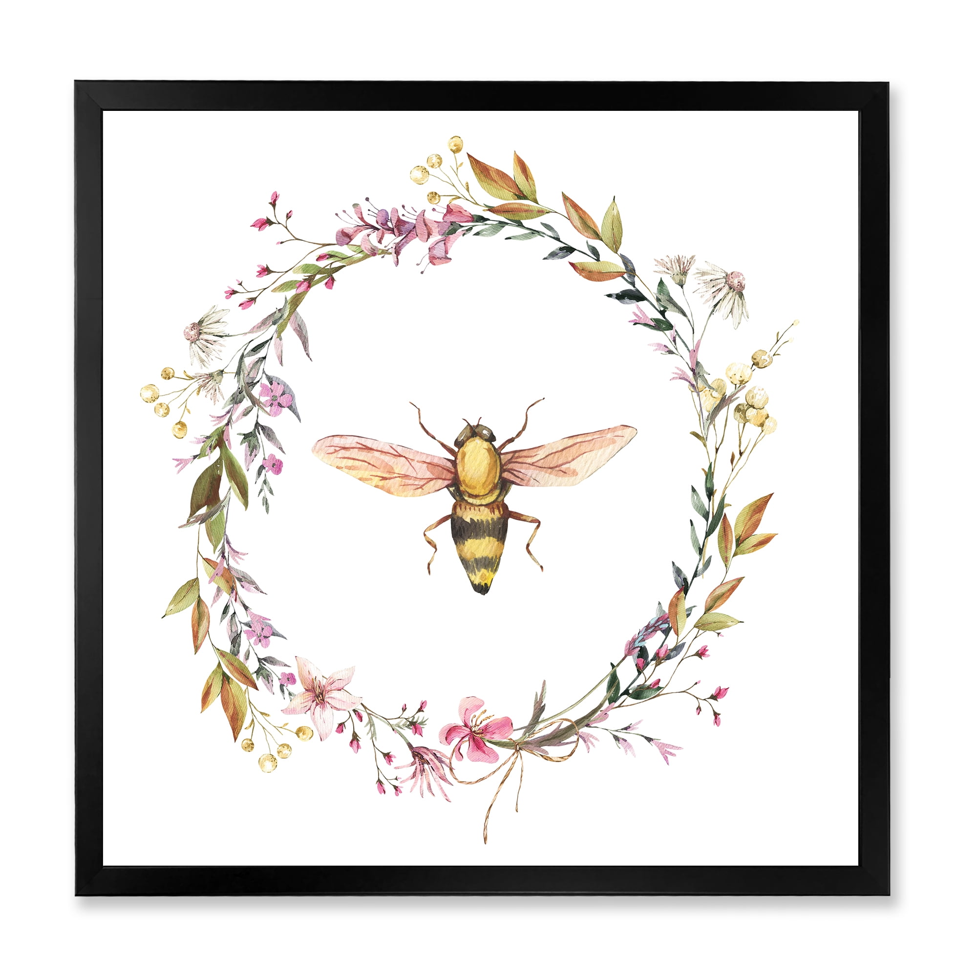 Designart 'Wildflowers Wreath and A Bee' Farmhouse Framed Art Print