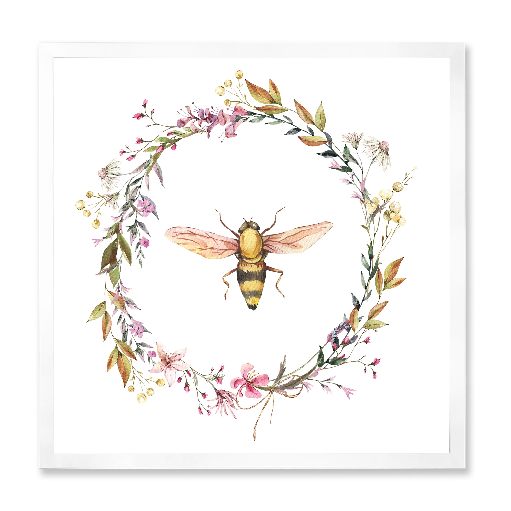 Designart 'Wildflowers Wreath and A Bee' Farmhouse Framed Art Print