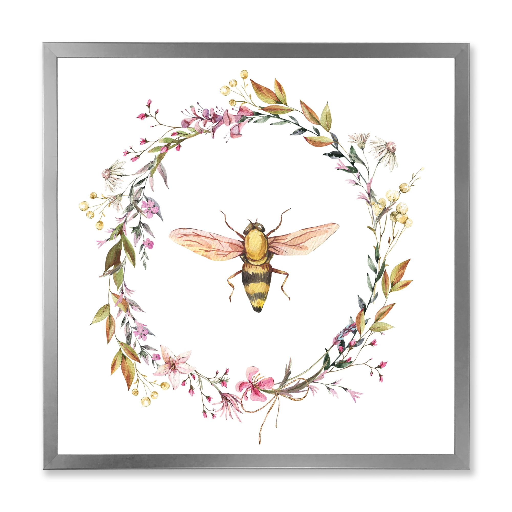 Designart 'Wildflowers Wreath and A Bee' Farmhouse Framed Art Print