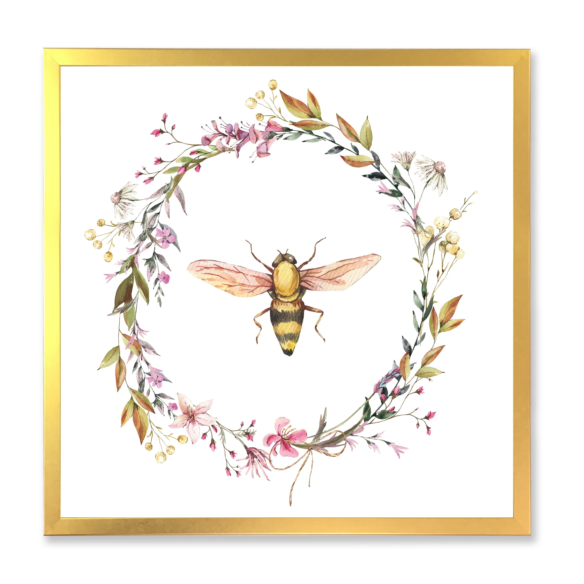 Designart 'Wildflowers Wreath and A Bee' Farmhouse Framed Art Print