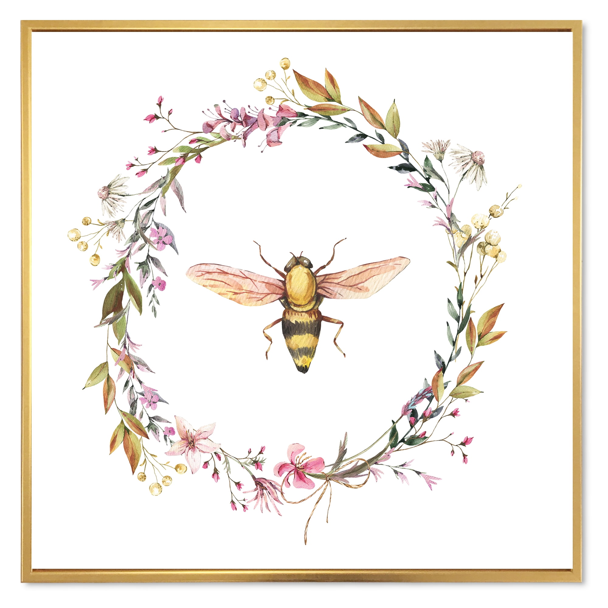 Designart 'Wildflowers Wreath and A Bee' Farmhouse Framed Canvas Wall Art Print