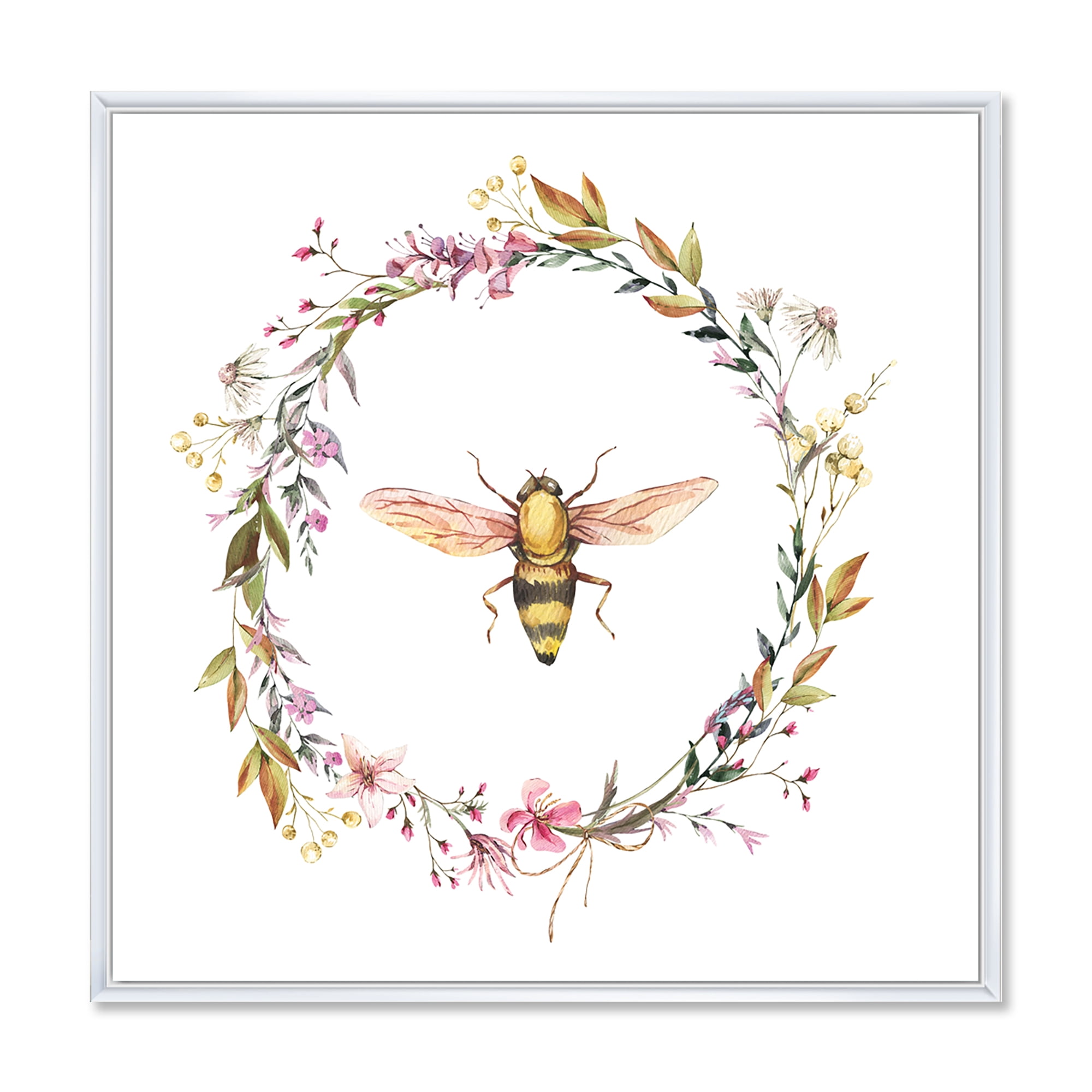 Designart 'Wildflowers Wreath and A Bee' Farmhouse Framed Canvas Wall Art Print