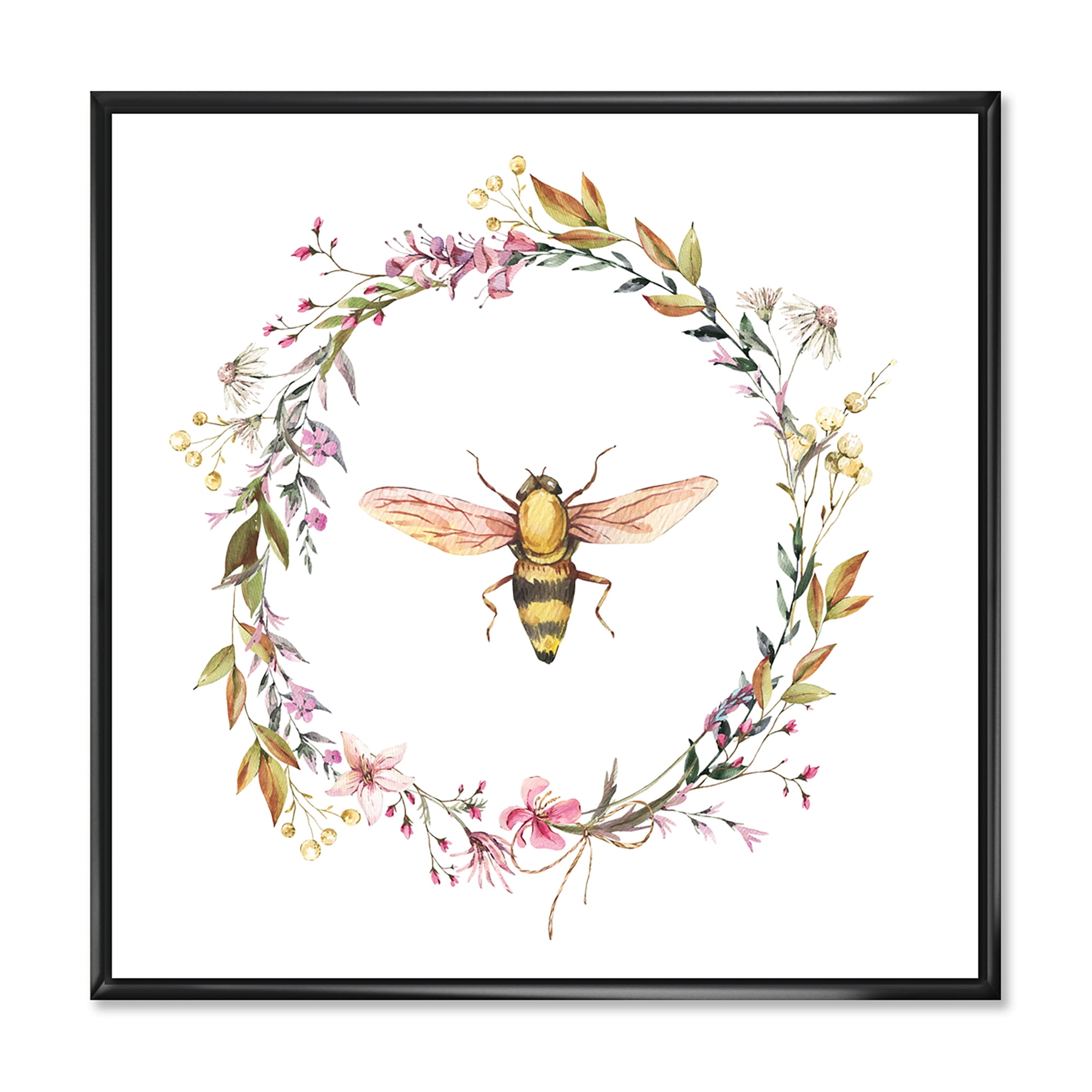 Designart 'Wildflowers Wreath and A Bee' Farmhouse Framed Canvas Wall Art Print
