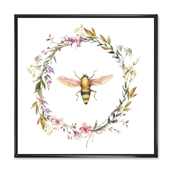 Designart 'Wildflowers Wreath and A Bee' Farmhouse Framed Canvas Wall Art Print