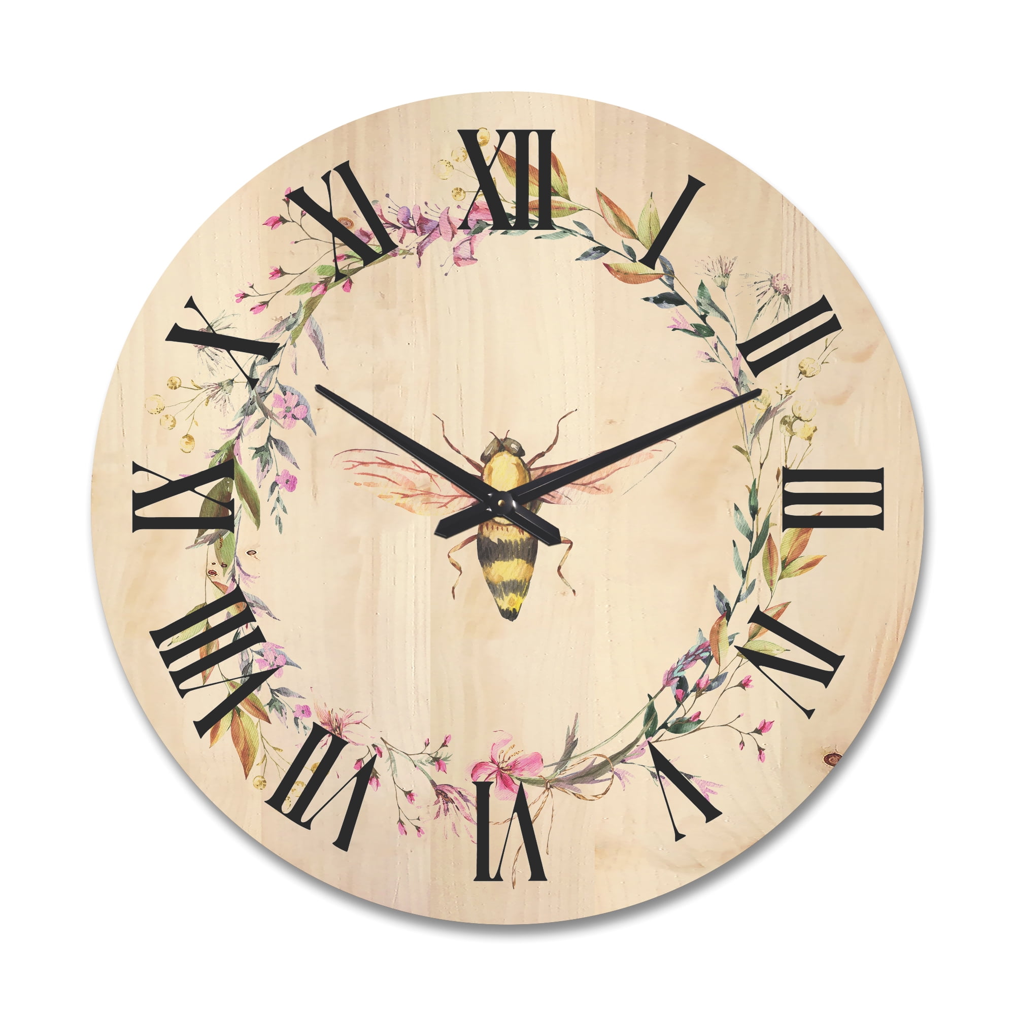 Designart 'Wildflowers Wreath and A Bee' Farmhouse Wood Wall Clock