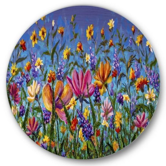 Designart 'Wildflowers and Daisies In Summer Garden Field I' Traditional Circle Metal Wall Art 29x29 - Disc of 29