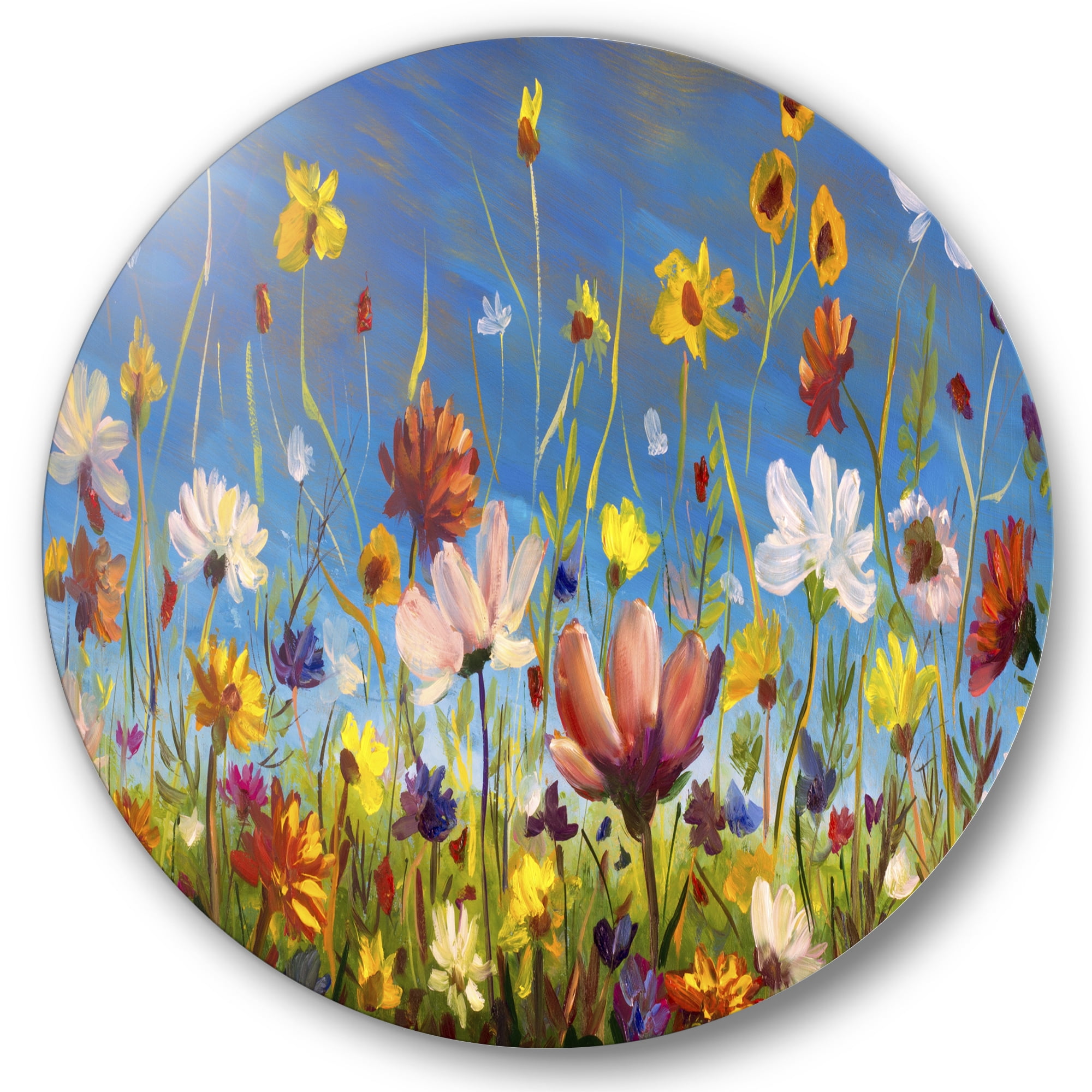 Designart 'Wildflowers and Daisies In Summer Garden Field II' Traditional Circle Metal Wall Art 36x36 - Disc of 36