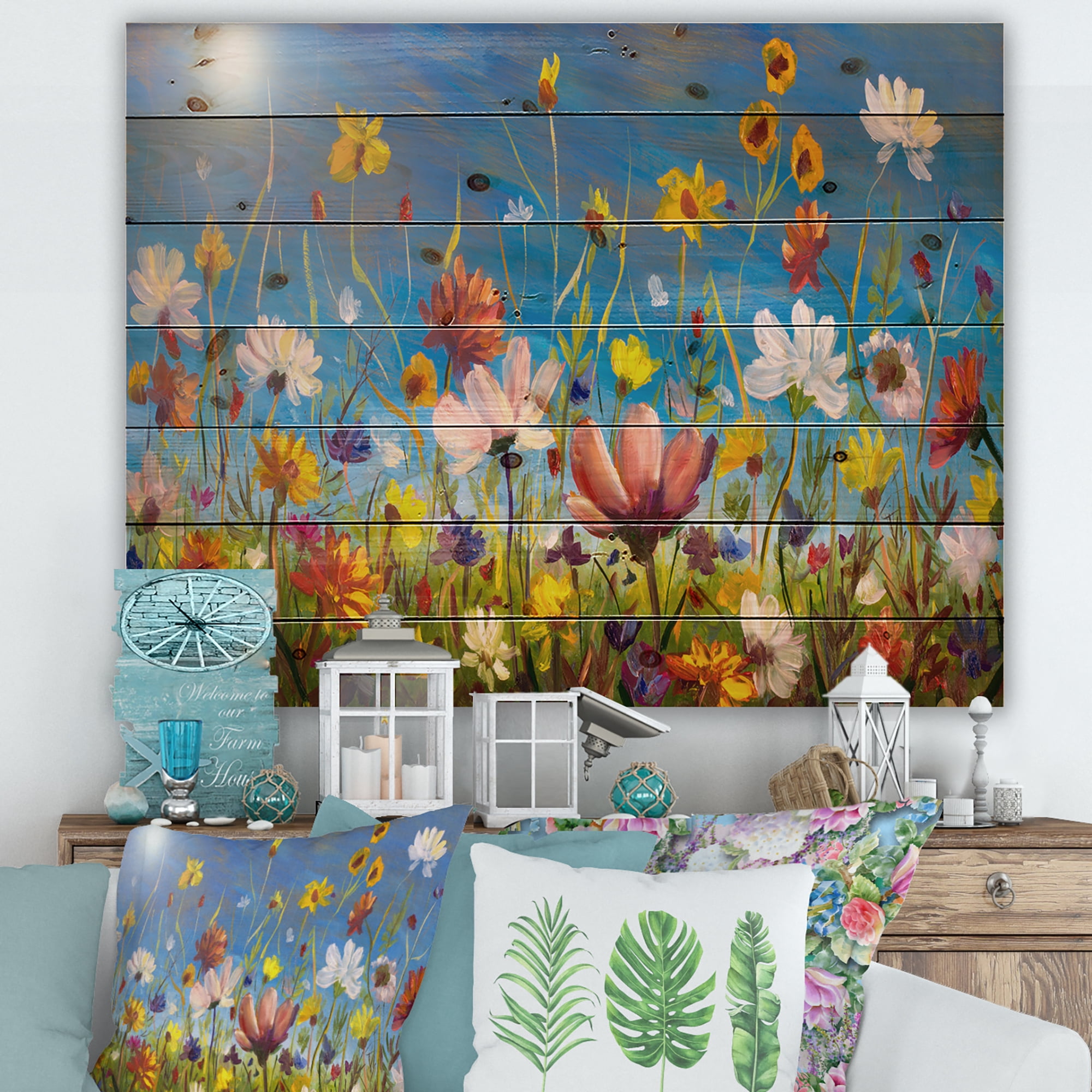 Designart 'Wildflowers and Daisies In Summer Garden Field II' Traditional Print on Natural Pine Wood