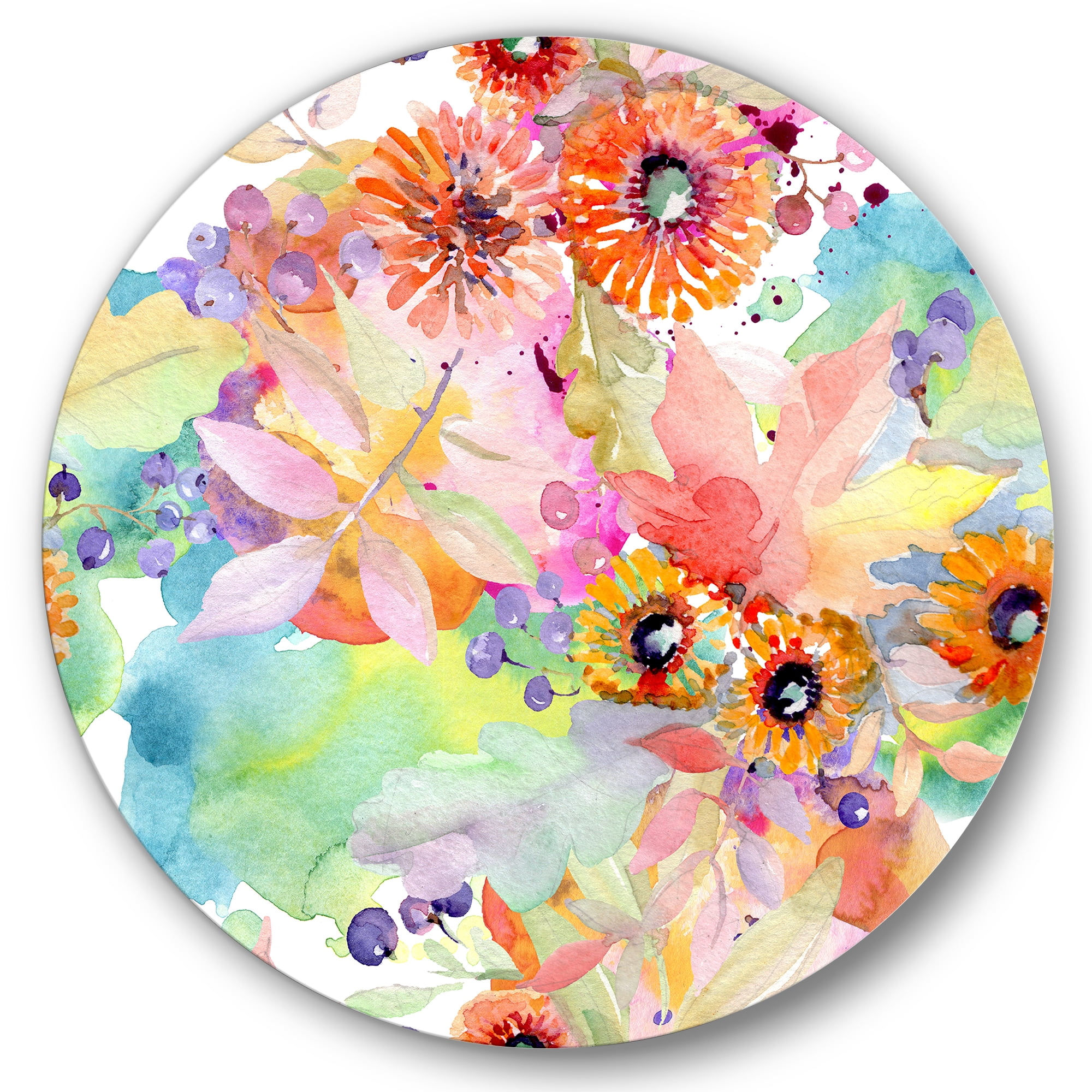Designart 'Wildflowers and Vibrant Wild Spring Leaves I' Traditional Circle Metal Wall Art 29x29 - Disc of 29