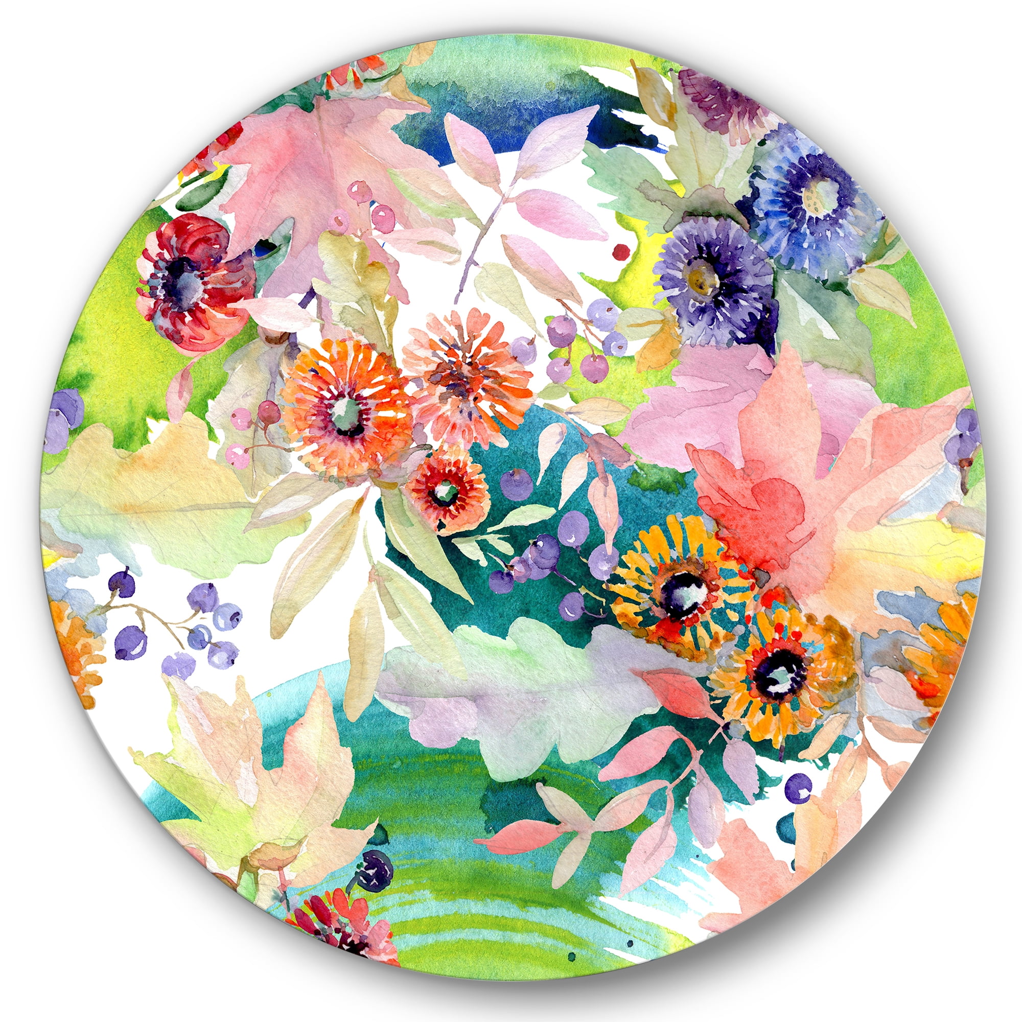 Designart 'Wildflowers and Vibrant Wild Spring Leaves II' Traditional Circle Metal Wall Art 11x11 - Disc of 11