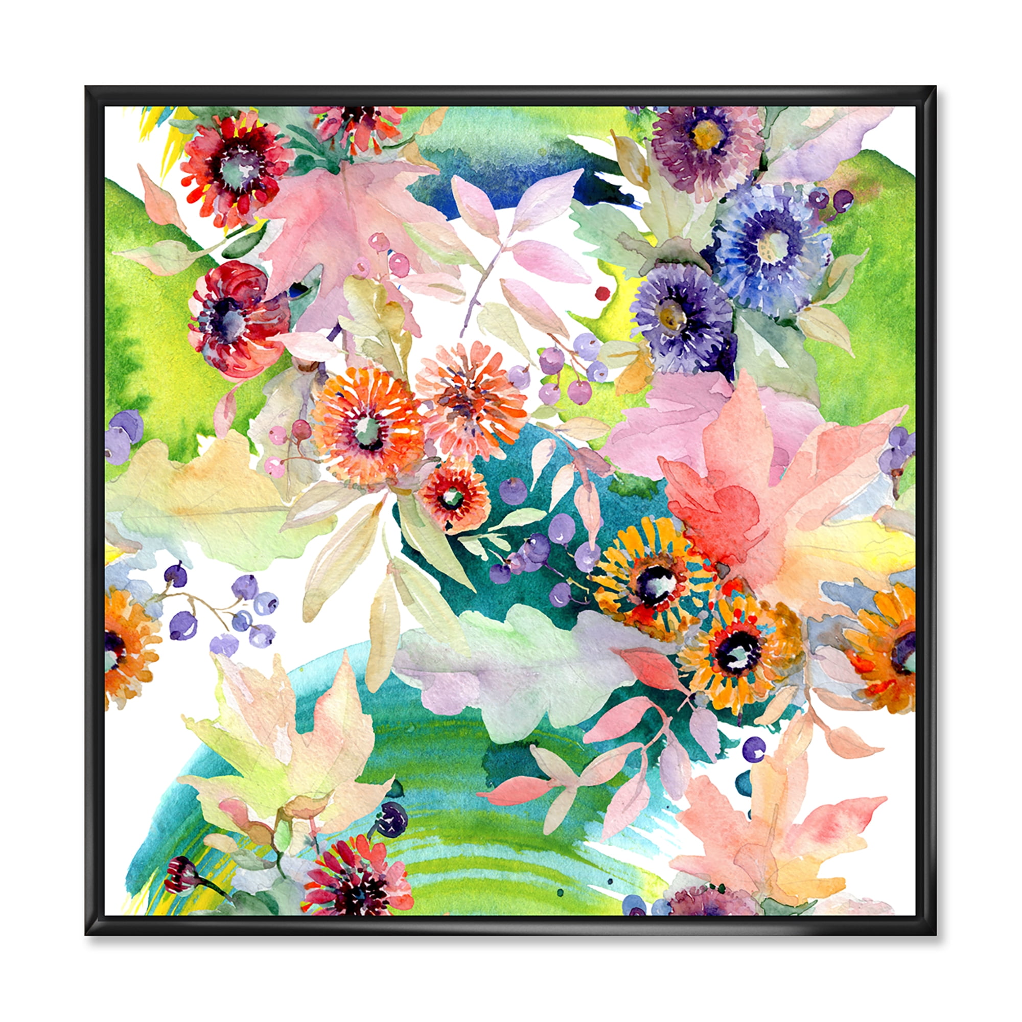 Designart 'Wildflowers and Vibrant Wild Spring Leaves II' Traditional Framed Canvas Wall Art Print