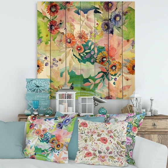 Designart 'Wildflowers and Vibrant Wild Spring Leaves II' Traditional Print on Natural Pine Wood