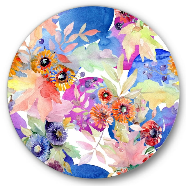 Designart 'Wildflowers and Vibrant Wild Spring Leaves IV' Modern Circle Metal Wall Art 11x11 - Disc of 11
