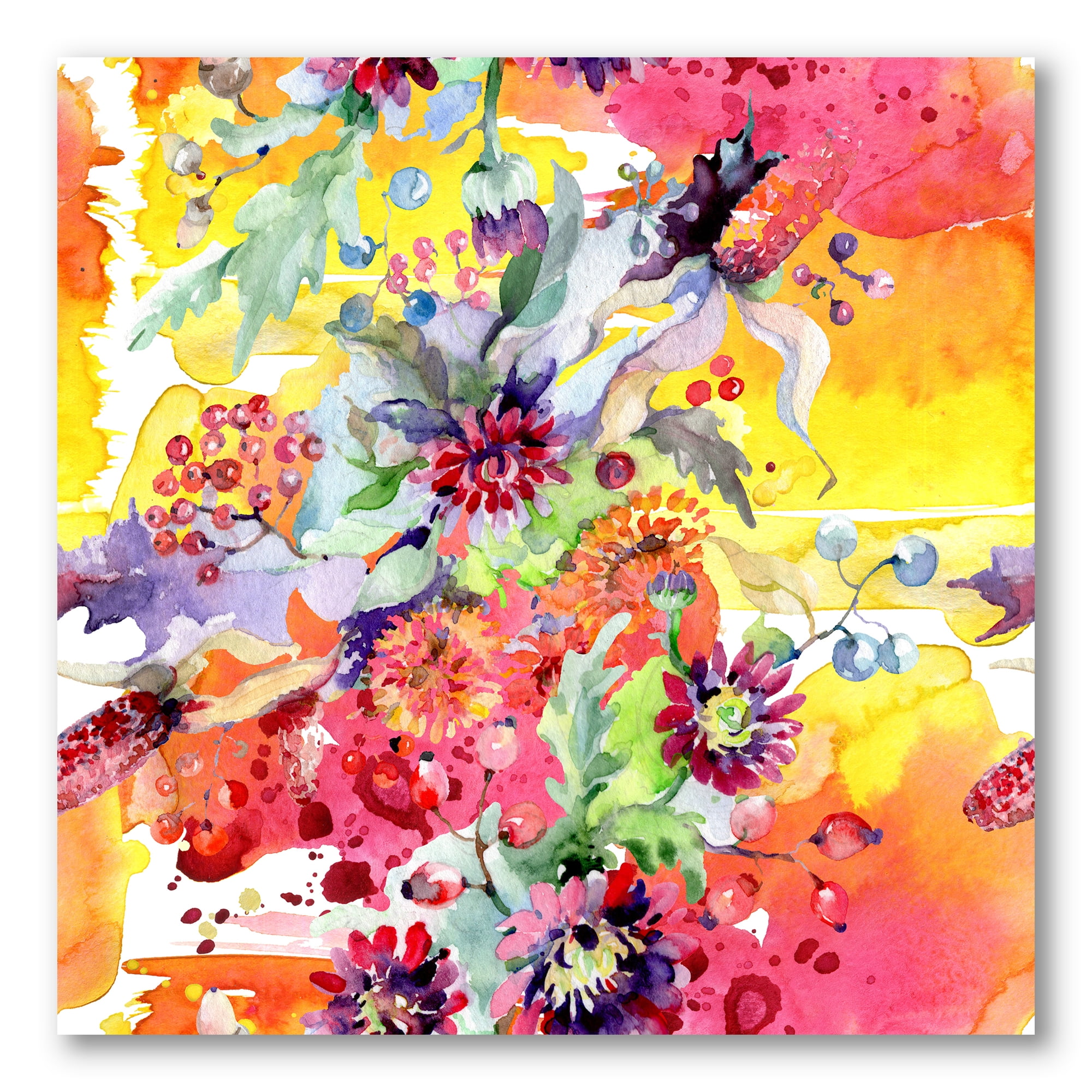Designart ' Wildflowers and Vibrant Wild Spring Leaves ' Modern Canvas Wall Art Print