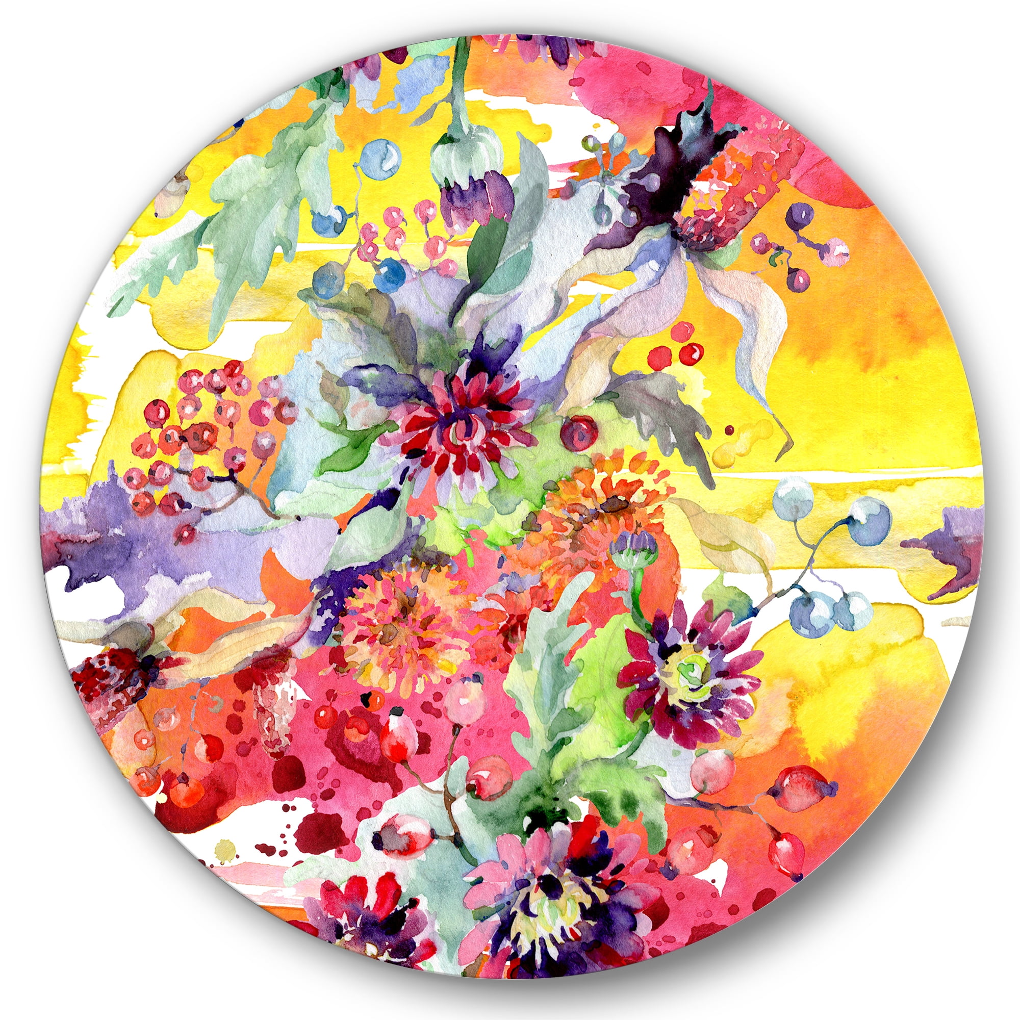 Designart 'Wildflowers and Vibrant Wild Spring Leaves' Modern Circle Metal Wall Art 29x29 - Disc of 29