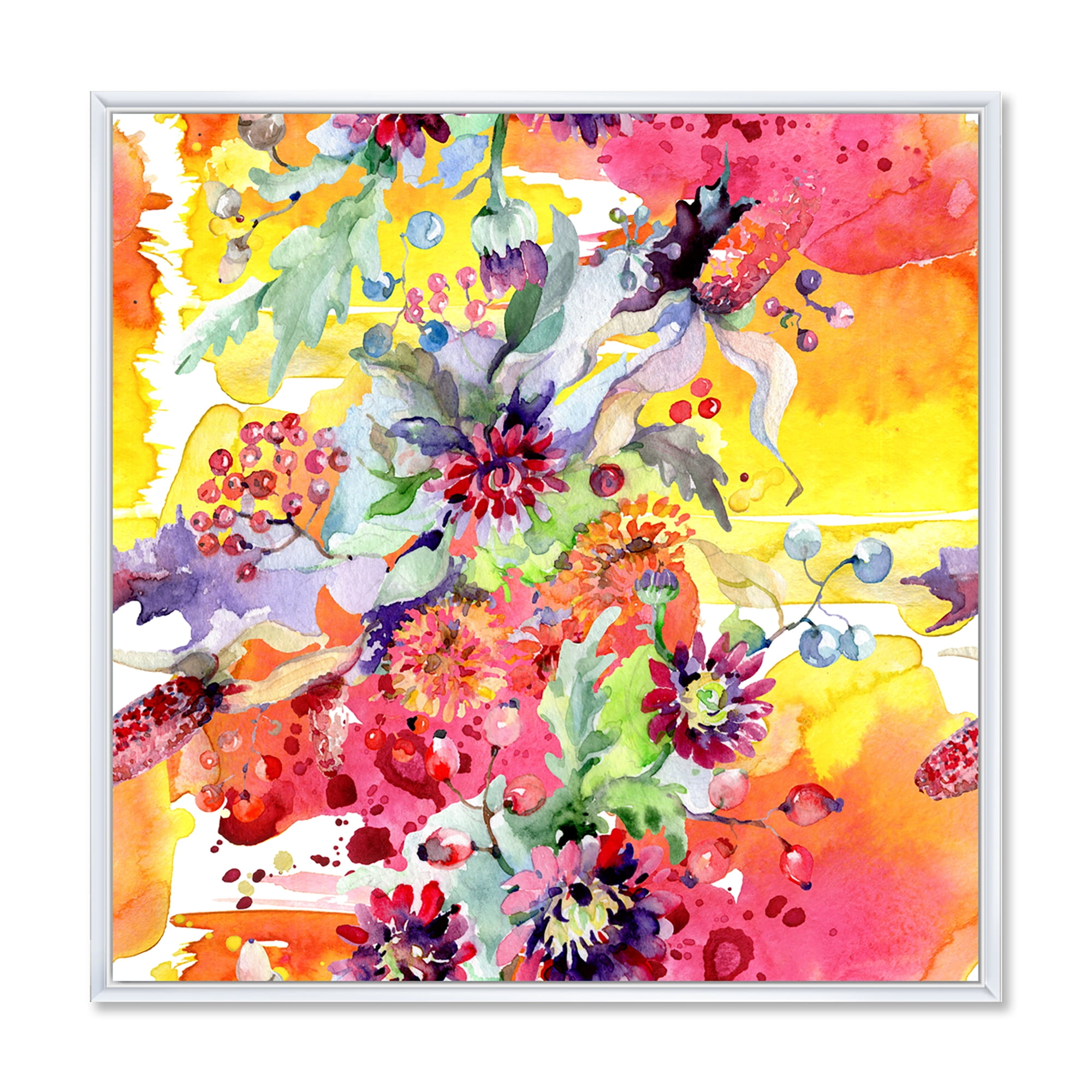Designart 'Wildflowers and Vibrant Wild Spring Leaves' Modern Framed Canvas Wall Art Print