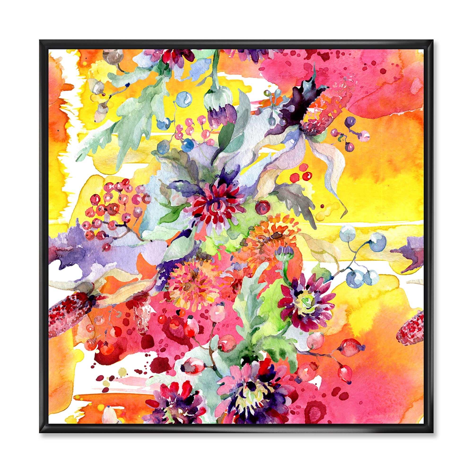 Designart 'Wildflowers and Vibrant Wild Spring Leaves' Modern Framed Canvas Wall Art Print