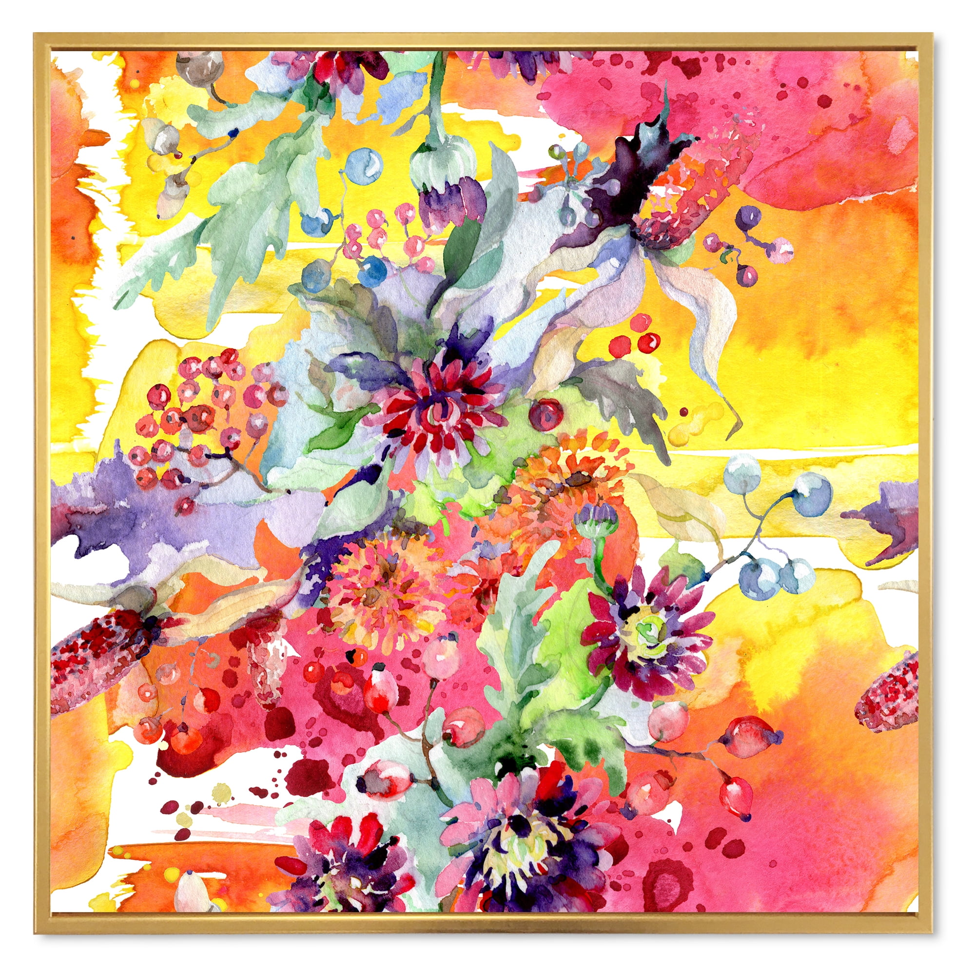 Designart 'Wildflowers and Vibrant Wild Spring Leaves' Modern Framed Canvas Wall Art Print