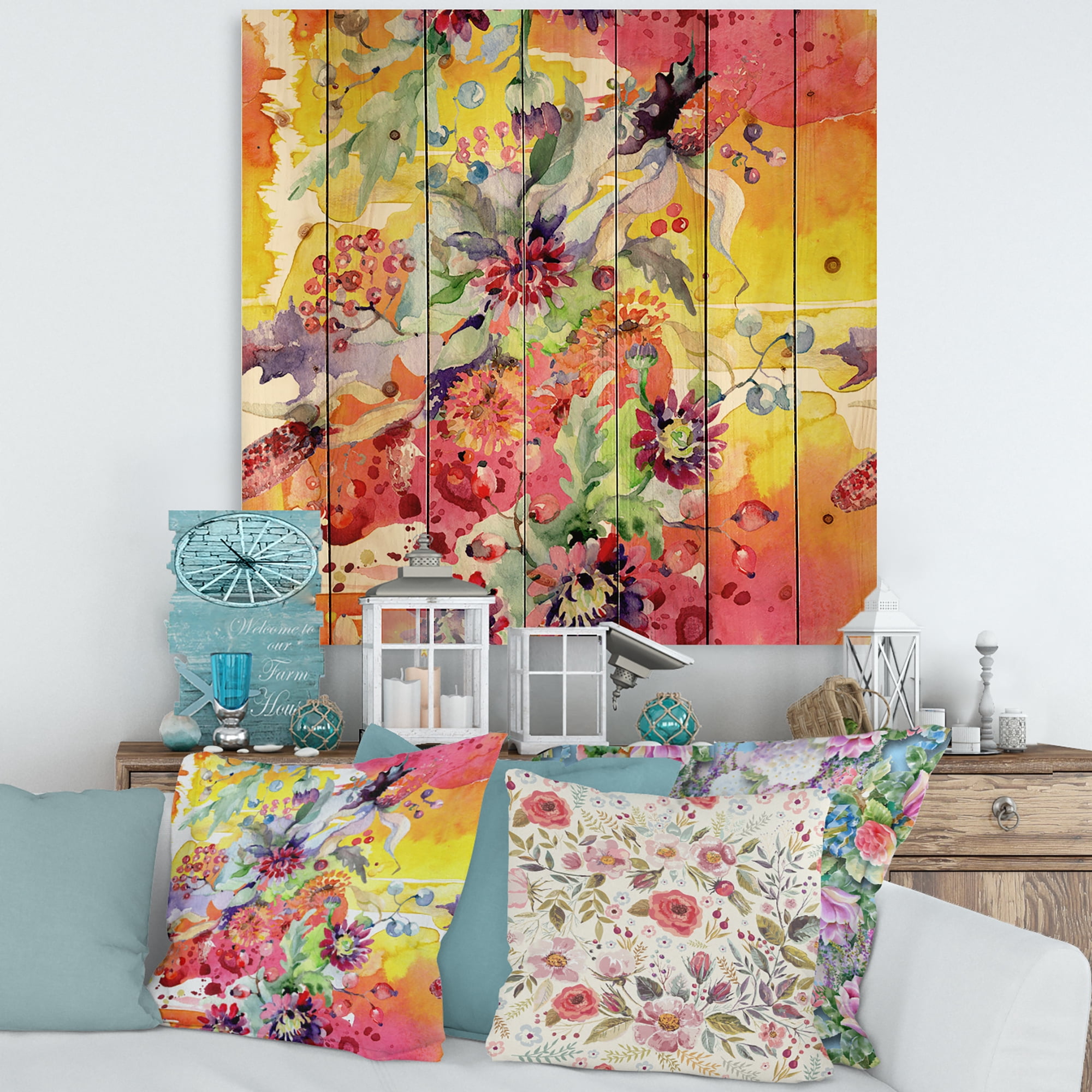 Designart 'Wildflowers and Vibrant Wild Spring Leaves' Modern Print on Natural Pine Wood