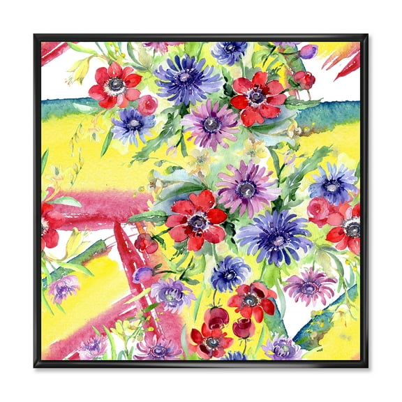 Designart 'Wildflowers and Vibrant Wild Spring Leaves V' Modern Framed Canvas Wall Art Print