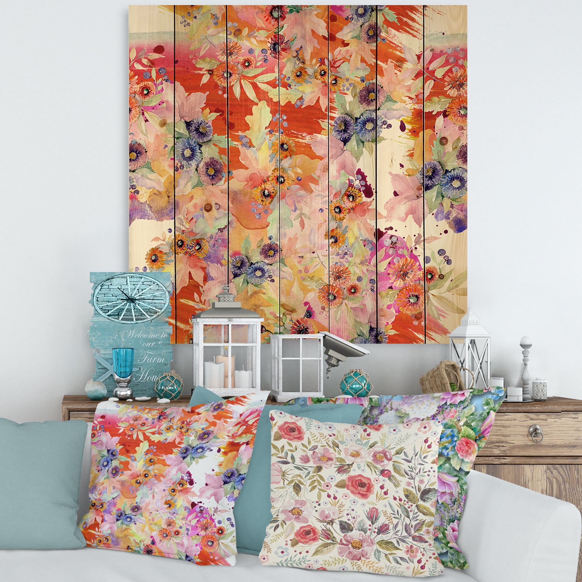 Designart 'Wildflowers and Vibrant Wild Spring Leaves VI' Modern Print on Natural Pine Wood