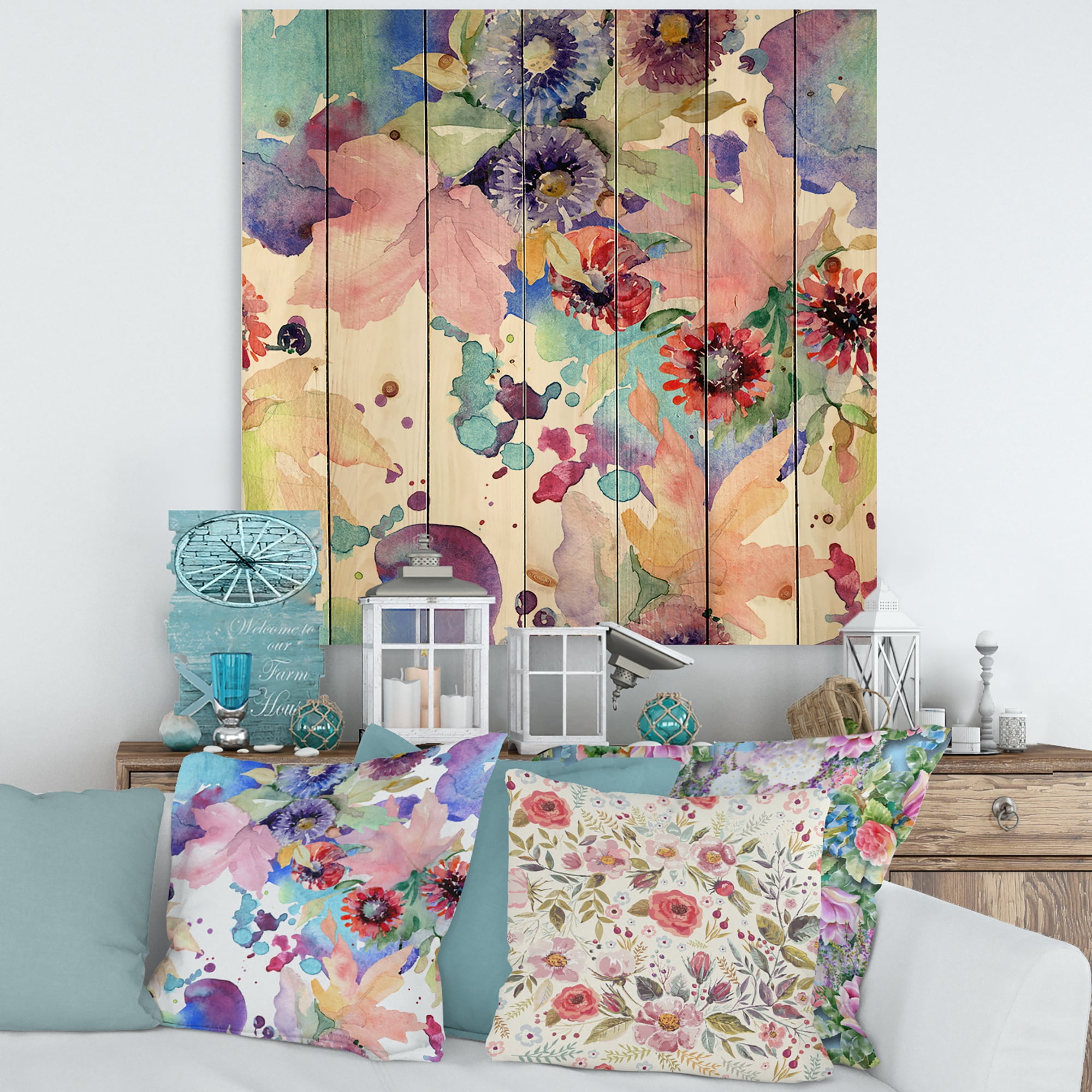 Designart 'Wildflowers and Vibrant Wild Spring Leaves VIII' Modern Print on Natural Pine Wood