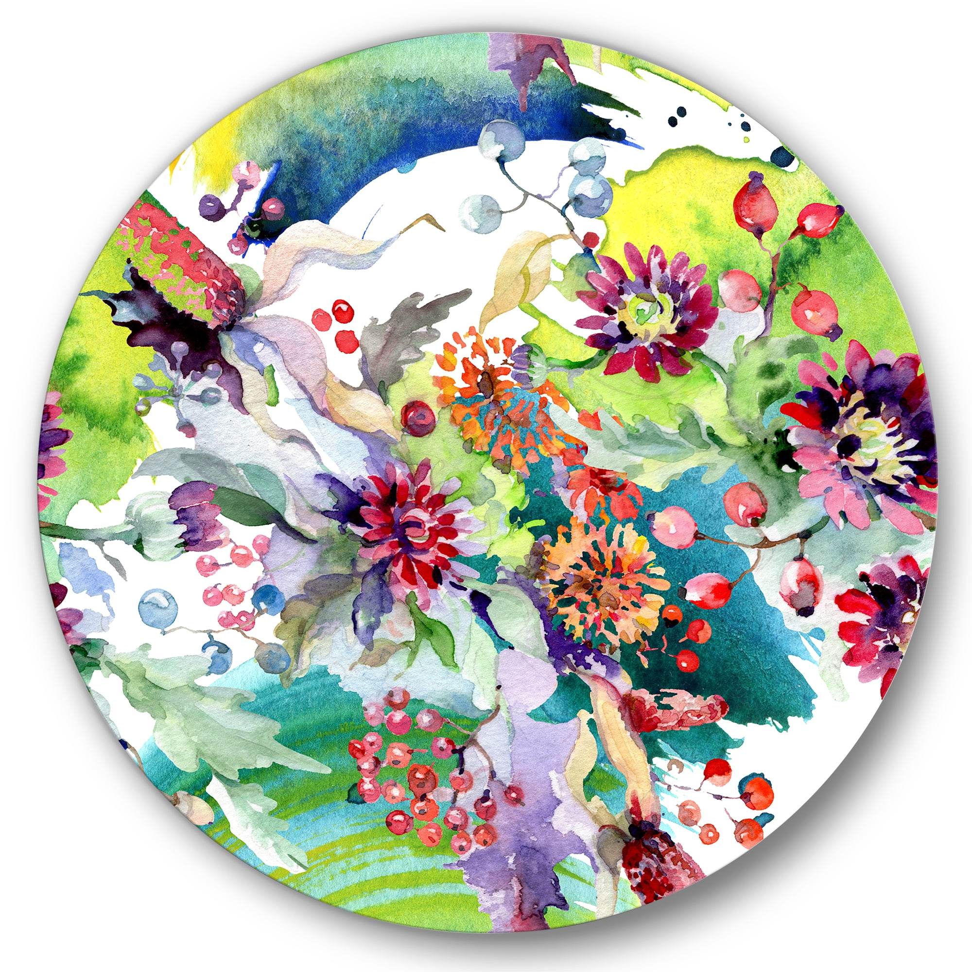 Designart 'Wildflowers and Vibrant Wild Spring Leaves X' Modern Circle Metal Wall Art 11x11 - Disc of 11