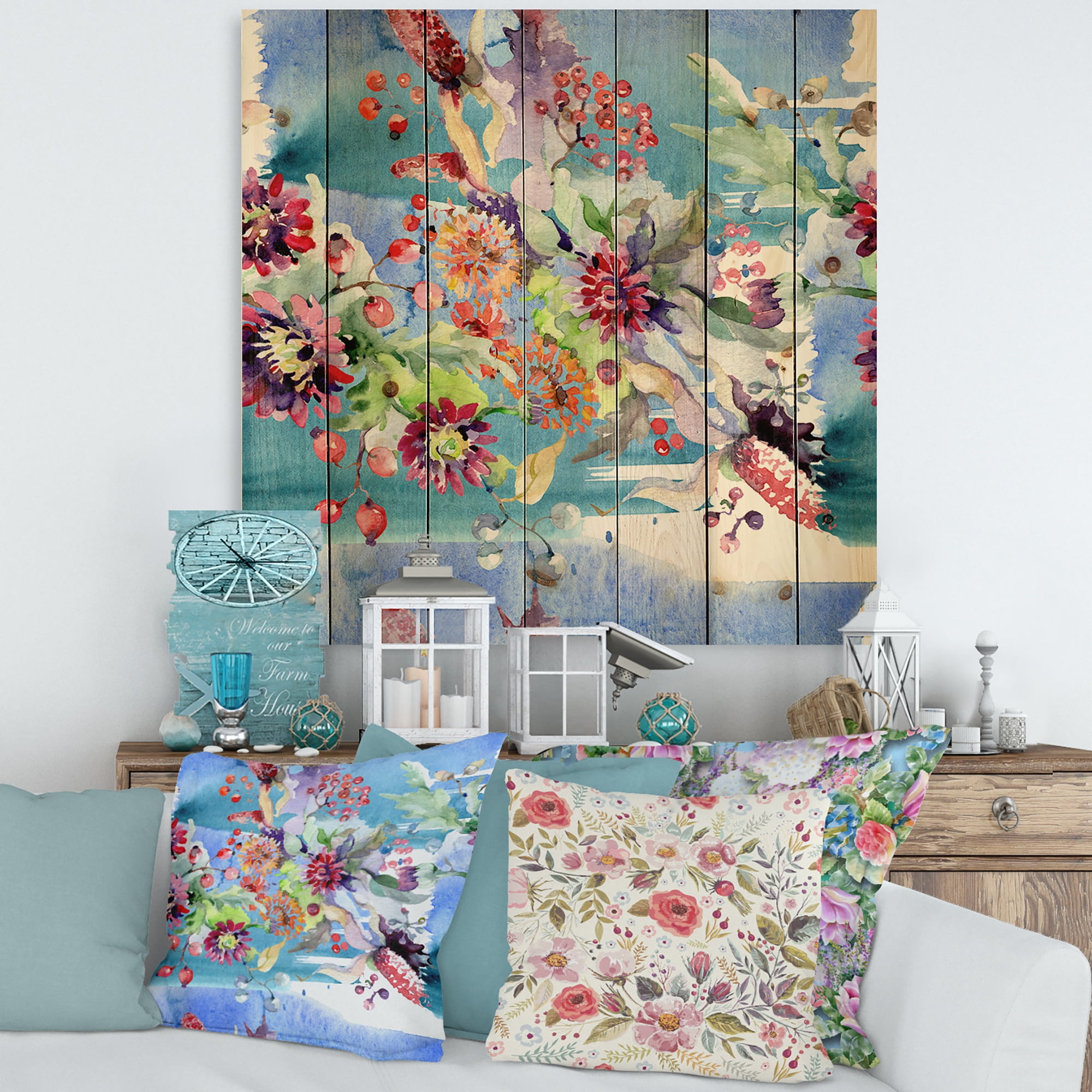 Designart 'Wildflowers and Vibrant Wild Spring Leaves XIII' Modern Print on Natural Pine Wood