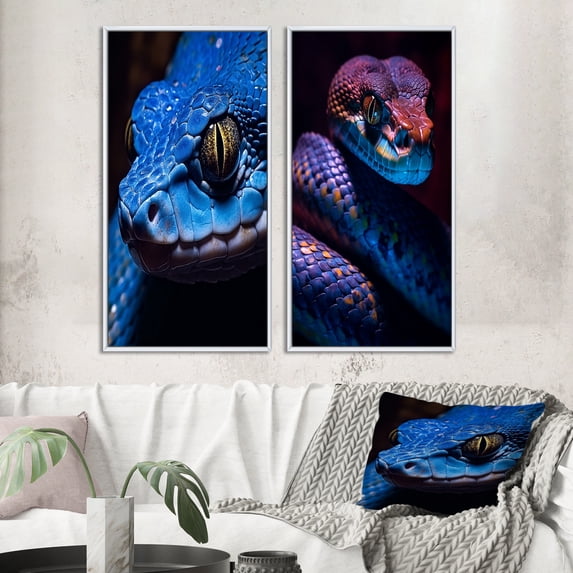 Designart "Wildlife Portrait Blue Viper Snake I" Animals Snake Framed Wall Art Set Of 2 - Children's Art Blue Framed Wall Art Set Of 2