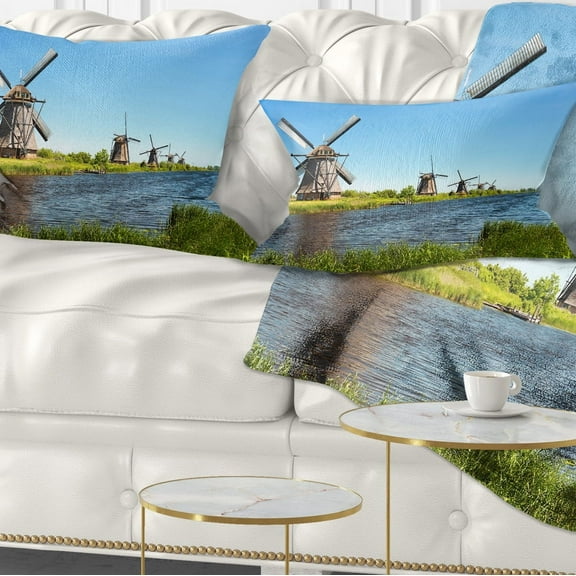 Designart Windmills at Kinderdijk - Landscape Printed Throw Pillow - 12x20