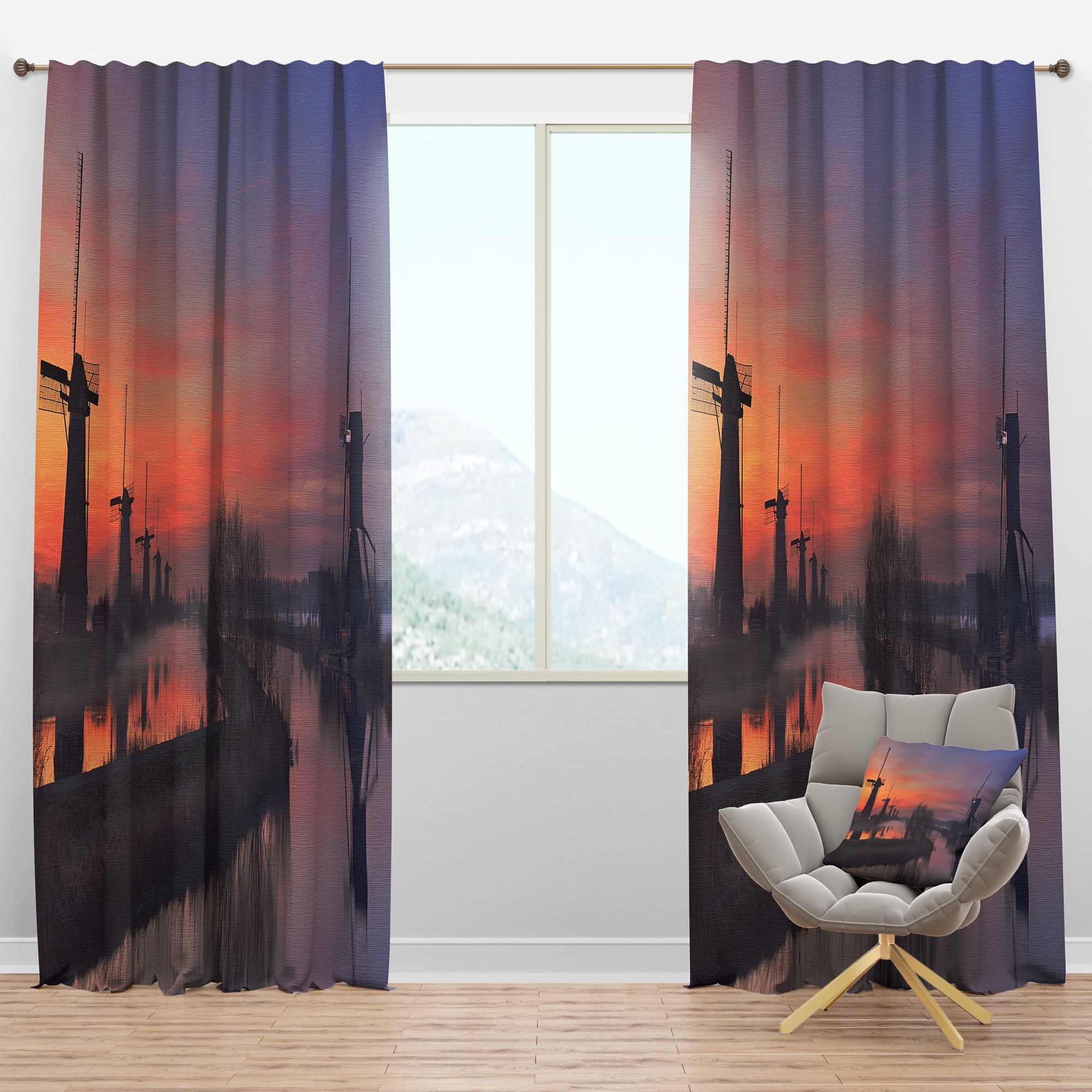 Designart 'Windmills at Sunrise Panorama' Landscape Blackout Curtain Panel