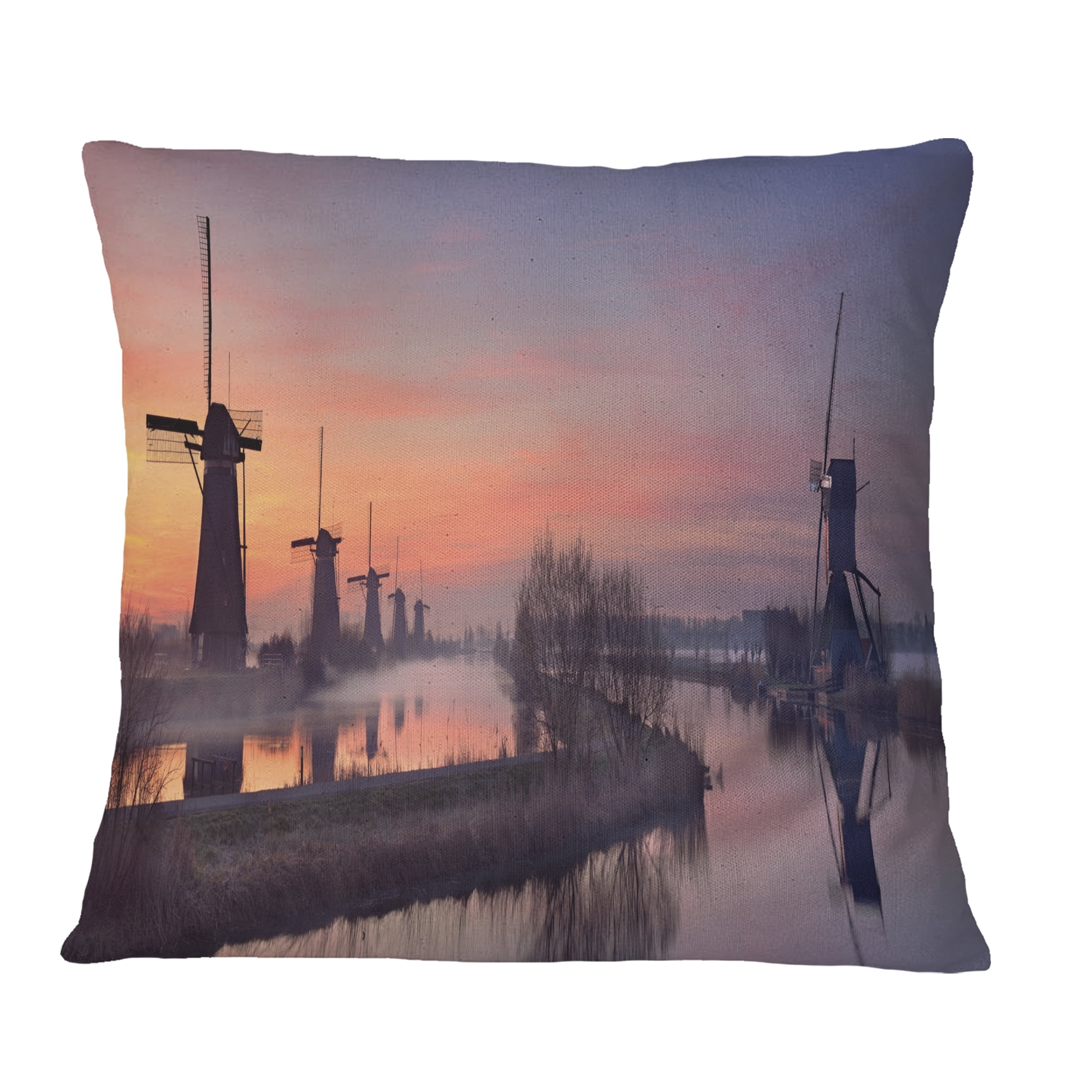 Designart Windmills at Sunrise Panorama - Landscape Printed Throw Pillow - 18x18