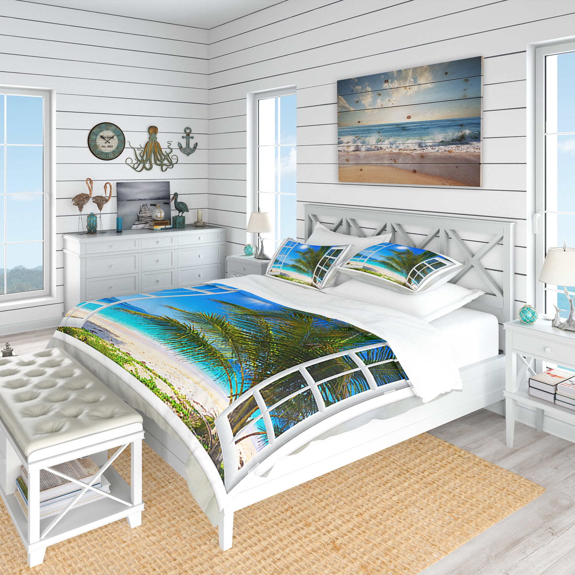 Designart 'Window Open To Beach with Palm' Coastal Duvet Cover Set